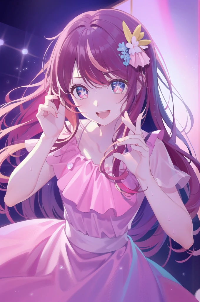 ((masterpiece, Highest quality))++, Detailed lighting+, Detailed Hair+, Detailed hands+ ,1 girl, Escape, Long Hair, Yellow Eyes, Beautiful Eyes, (Beautiful pink hair:1.5),(Beautiful and delicate eyes), High resolution+,glass tint, Reflective eyes,original, Very beautiful CG,sing、stage、Idol、smile、be happy、smile、Sweat、dance