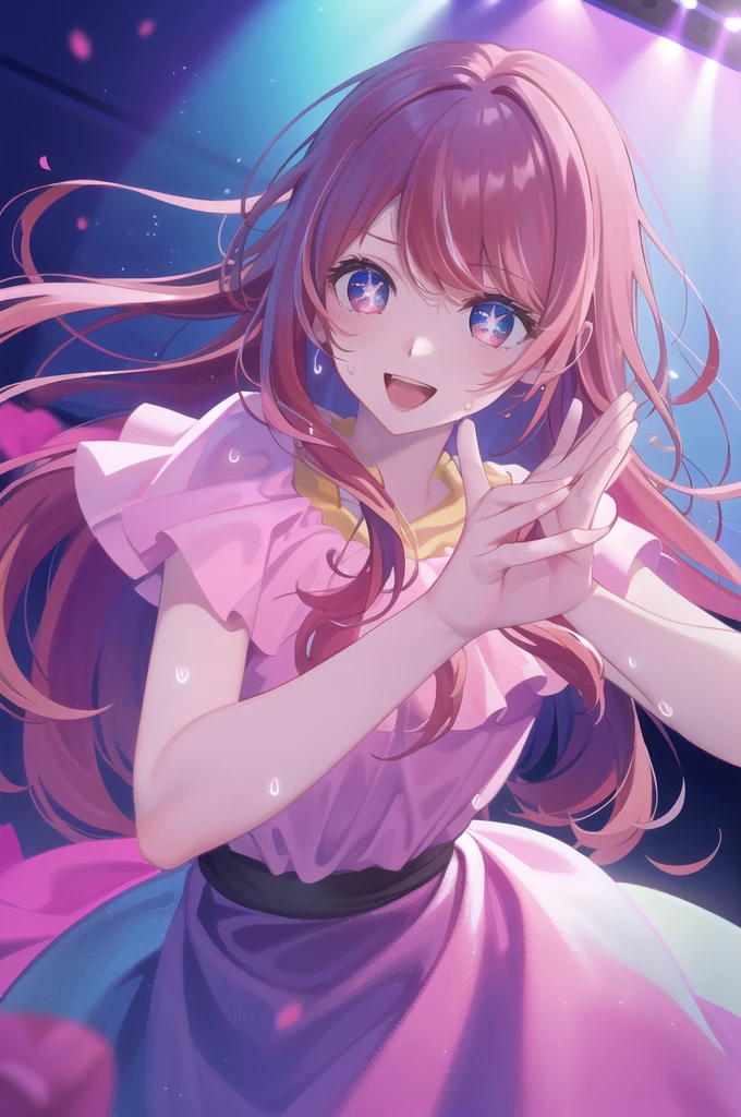 ((masterpiece, Highest quality))++, Detailed lighting+,  Detailed Hair+, Detailed hands+ ,1 girl, Escape, Long Hair,   Yellow Eyes,  Beautiful Eyes, (Beautiful pink hair:1.5),(Beautiful and delicate eyes),  High resolution+,glass tint, Reflective eyes,original, Very beautiful CG，sing、stage、Idol、smile、be happy、smile、Sweat、dance