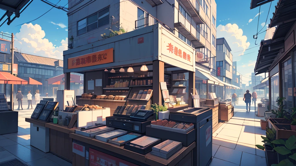 High level of image quality,Cash register,Bright,clean,Cover、Clear skies，cloud彩，cloud，City，sunny,masterpiece, Top quality, best quality,beautiful and aesthetic:1.2,Professional Illustration:1.1,Ultra Detailed:1.3,Perfect lighting