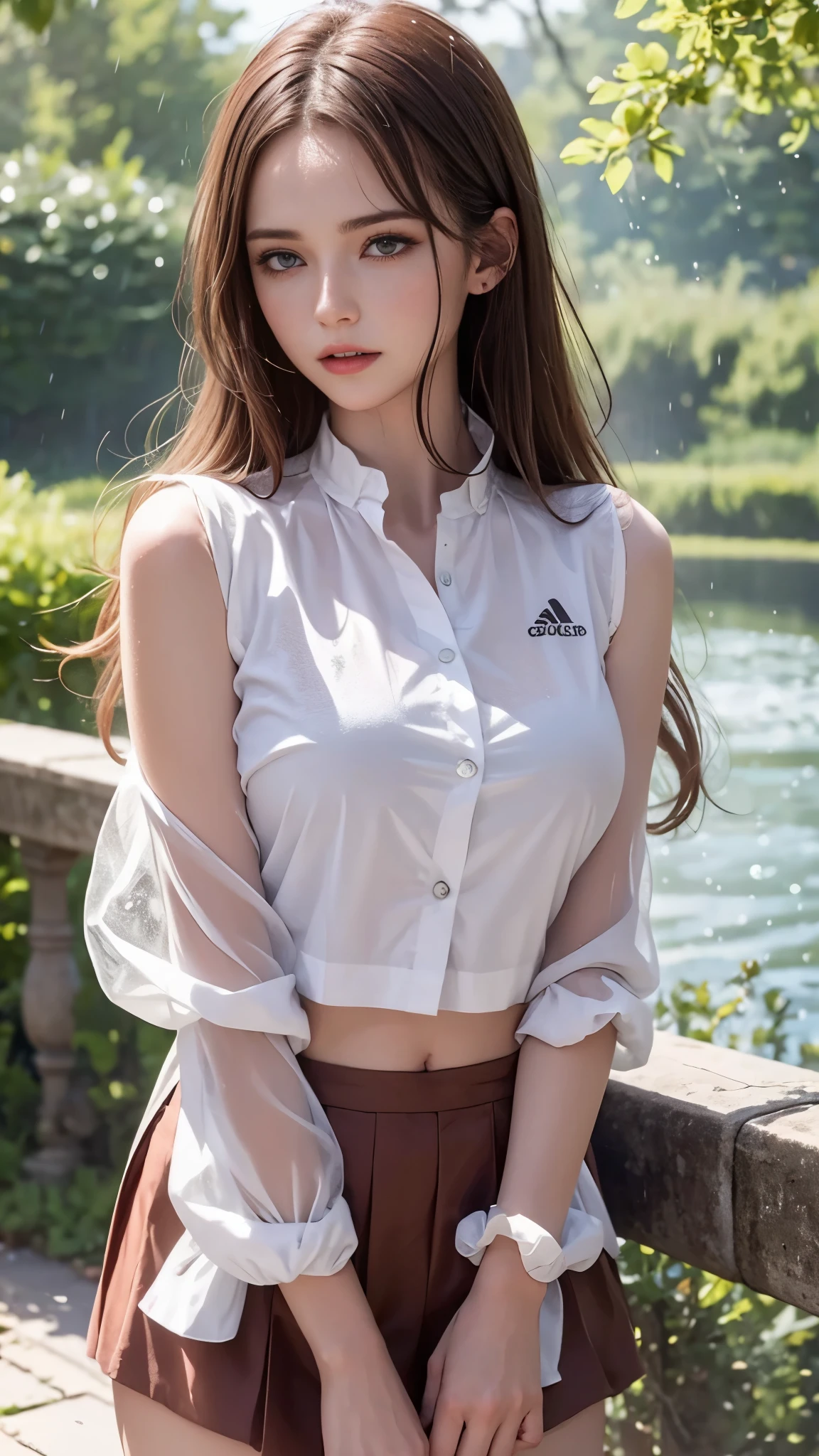 (Highest quality, 4K, masterpiece :1.3), Beautiful woman, One Girl, sexy :1.1, Dark brown hair: 1.1, (It rained and I got wet, raindrop, Wet body :1.2), White vest, Highly detailed face, Detailed lips, Dark Eyes, Detailed eyes, double eyelid