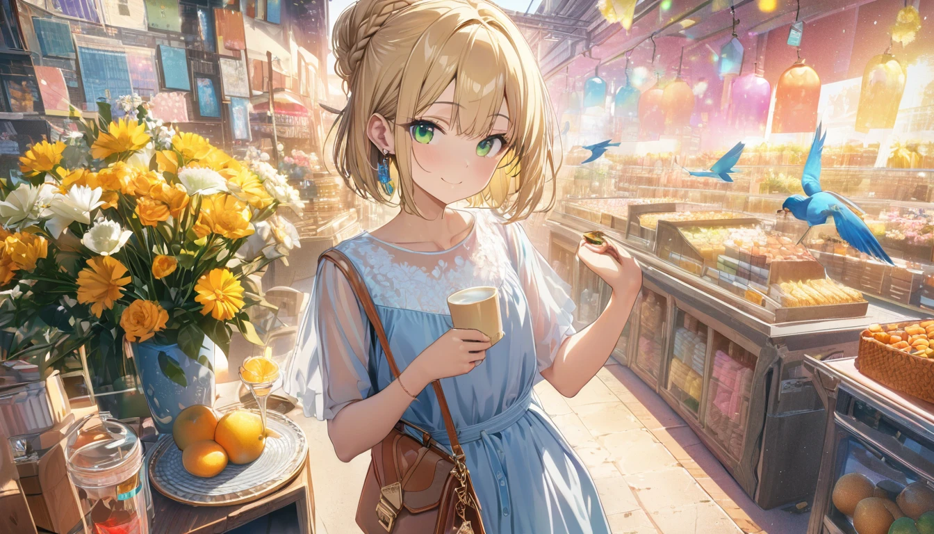 one girl, blonde short hair and bob hair、a braid, I tied my hair in a bun with a hair clip..、beautiful green eyes、smile、gentle smile on her face、flat chest, one Beautiful girl,((masterpiece, illustration, best quality) ((ultra-detailed)) ,sweet girl , 1 girl, flower, cup, have, bob hair, blonde hair, bag, high heels, food, jewelry, earrings, looking at the viewer, smile, holding, short hair, inner color、alone, fruits, knee-length dress， handbag, green eyes, Colorful shoes, bird, yellow flower, envelope, english text, full body, white flower, shirt,shorts、See-through、Are standing, valentine color、colorful background、cloth shop、 , 濃い青とBeautiful Blueのグラデーション, High resolution, 8K HD detail, hyper-detail, cinematic, surrealism, soft light, deep field focus bokeh, ray tracing and surrealism. --v6