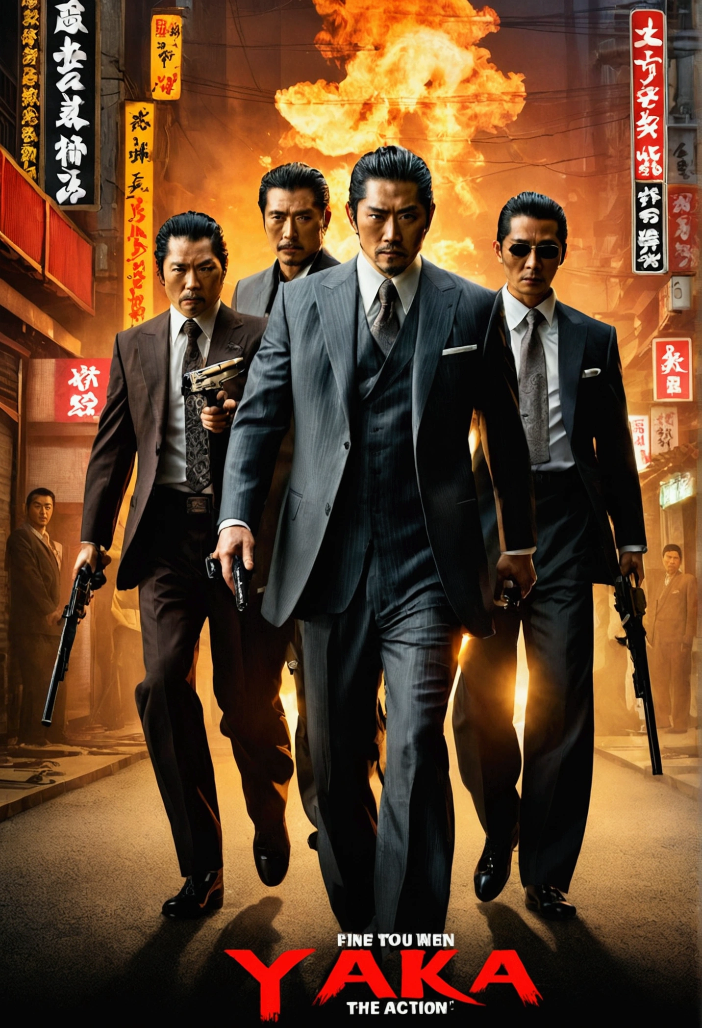 Action movie poster with four yakuza men. 