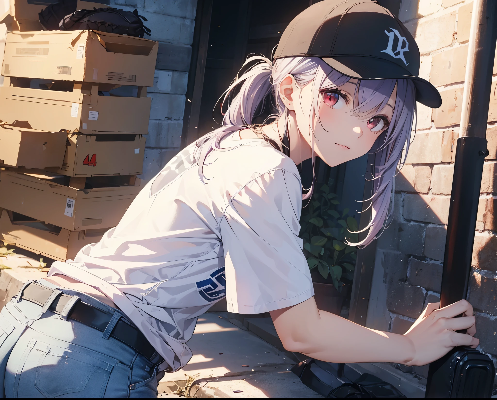 (Close-up:1.3),Realistic,Highest quality, Super detailed, High-quality CG rendering, The most delicate and beautiful, Floating softly, High resolution, (1 girl), (Highest quality,4K,8k,masterpiece:1.2), Light purple hair,(Very long ponytail:1.5),Red eyes,(Pure white oversized short sleeve T-shirt:1.3),(Black skinny jeans:1.3),(Pure white baseball cap:1.3),In the city,old buildings,Narrow back alley