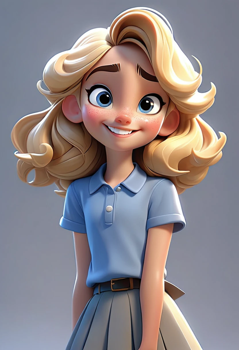 a cartoon pixar style of a happy and cute girl with blonde hair wearing a school outfit, blue uniform t-shirt, white background, pretty beautiful child, tone, pixar style, 3d, cartoon, detailed face,