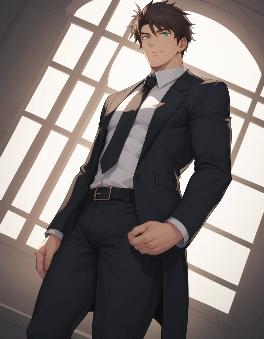 1man, veteran CIA agent, handsome mature, business hair with asymmetry bangs, narrow stubble, platina blond hair, emerald eyes, 45yo, masculine gentleman, charming caucasian, ordinary uncle, pentagon shaped head, BREAK ideal ratio body proportions, middle weight muscular, beautiful detailed eyes, dark iris, BREAK solo, man in black suit, white shirt, black necktie, softly smile, BREAK upperlegs, dandy posing, dramatic expression, 2000s, visual novel, in newest eroge style, dutch angle, cinematic shadows, cinematic lighting, lens flare, epic scene, extreme all detailed, masterpiece, best quality, BREAK score_9, score_8_up, score_7_up, source_anime, rating_safe, score_6_up, score_5_up, score_4_up