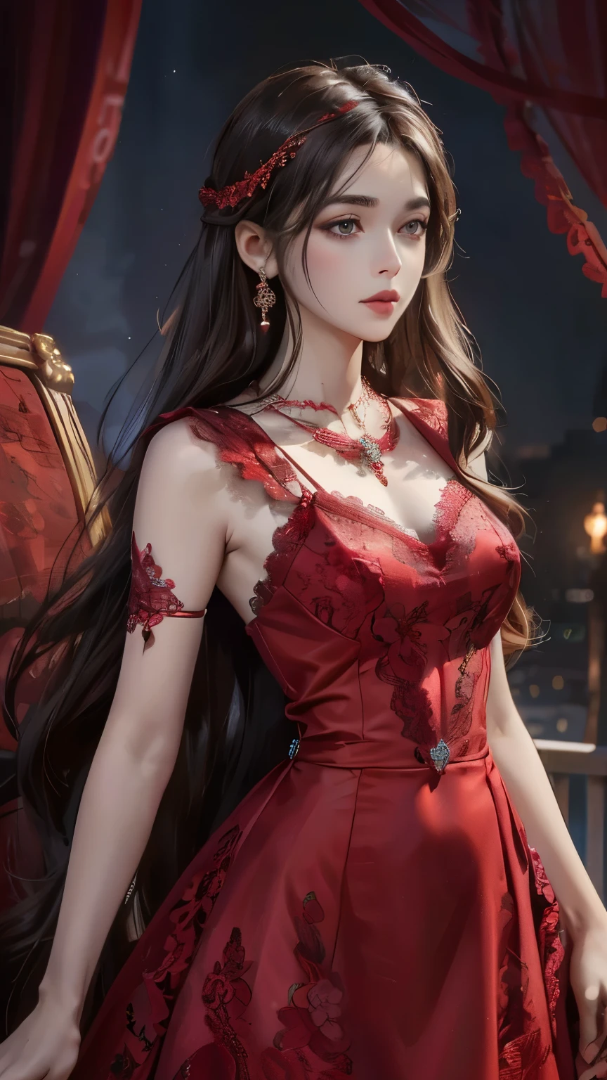 8k, Ultra HD, masterpiece, 1 girl, nice face, very long hair, spread hair, detailed eyes, lovely lips, shiny red dress, Decorated dresses, Strappy dresses, (race:1.5), (bijouterie:1.5), night background,