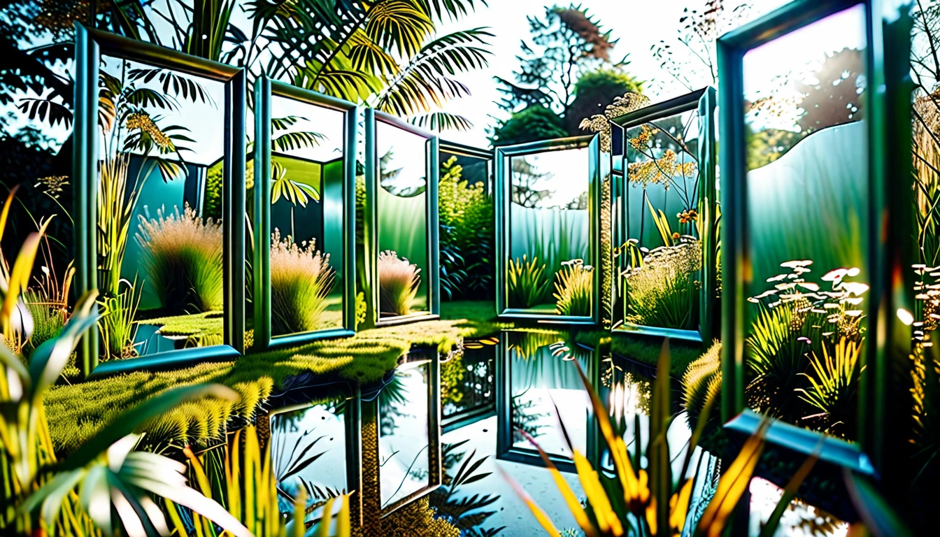 lith_agfa_brovira_BEH1W, A captivating, cinematic photo of a lush garden, featuring five distinctive mirrors. Each mirror has a unique character, with various frames and shapes that capture the viewer's attention. The garden is filled with tall grass and a solitary tree, adding depth to the scene. The image is captured with a 35mm camera, giving it a realistic and immersive look. The overall ambiance is serene, with an intimate connection to nature and a touch of surrealism., photo, cinematic look