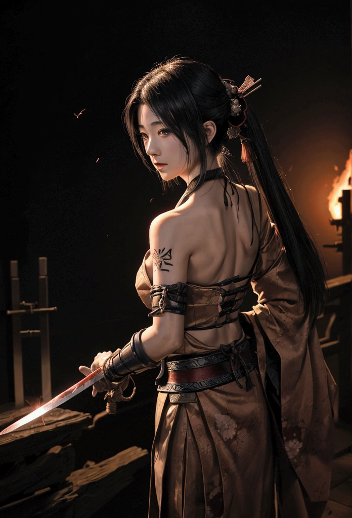 (Japanese sword &reference;Muramasa 2&reference;.2)Beautiful 27 year old woman、Japanese women、Tie your hair back、Hair ornament artist、Warrior、Clear Eyes、{Arm tattoo(SakuraFubuki}’Warrior、(Japanese swordを両手で構える、1.3)(Japanese sword1.2)Intermediate position、whole body、A single long-bladed sword、Realistic battle scenes、敵Warriorの返りBlood、Blood、High resolution、Highest quality、Very detailed、8k、background、The castle is burning、Sparks fly、