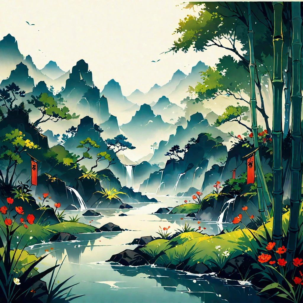 Traditional Chinese simple drawing style, Fong Zikai influence, vibrant nature, bamboo forest, flowers, grass, small animals, lively landscape, clear image, tranquil atmosphere, expressive lines, distinct layers of color, natural elements, left top blank space within 2/3 of paper, essence of Chinese culture, fine tones, high-quality masterpiece, artistic excellence.