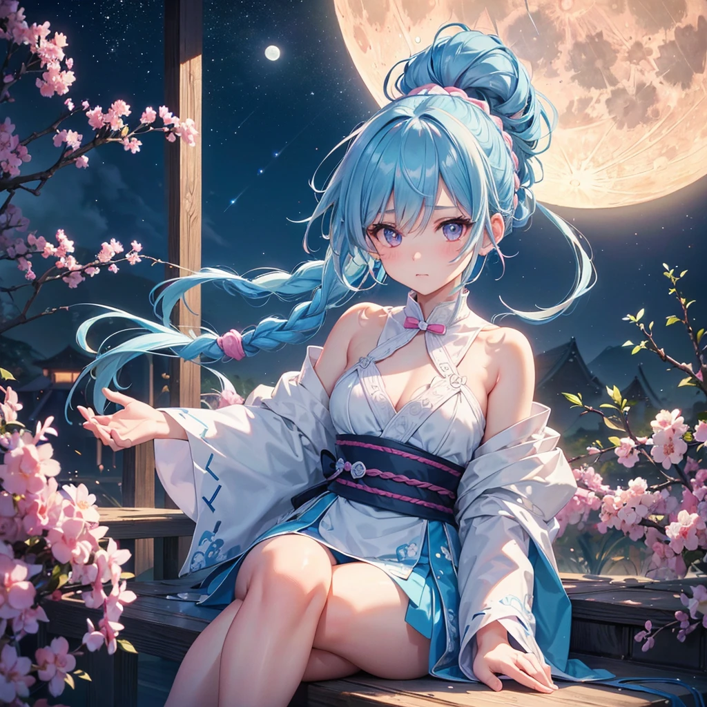 Sky blue hair, (Braided Ponytail:1.2), Pink eyes,Fair skin ,(whole body),(One Girl),Tsukimi,(White sweet dumplings ),White round dumplings,Japanese pampas grass,(beautiful, Full moon shining in the night sky),(masterpiece, Highest quality, Very detailed, Best Shadow), (Detailed Background), (Beautifully detailed face), High Contrast, (Best lighting, Very delicate and beautiful), ((Cinematic Light)), colorful, Hyper Detail,8k, Dramatic Light, Intricate details,Sit and eat dumplings while watching the moon,(Shadow of a rabbit on the moon),mysterious