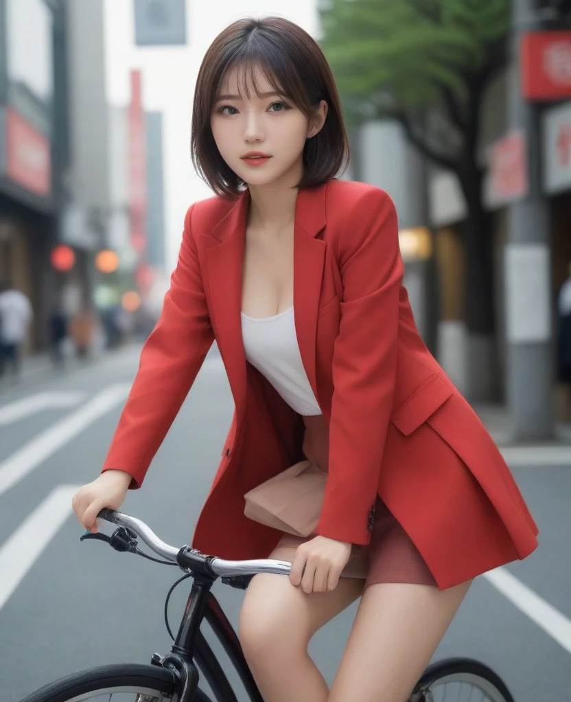 8k, photo realistic, Scores 9, 8, 7, 6, medium closeup, detailed, very sharp, vivid, solo, biking through Tokyo street, jacket, high heel, long legs, beautiful eyes, office suits, basket, (((riding bicycle))), bicycle, short hair, front view, low angle, going fast,  depth of field, beautiful breasts, slender,  the most beautiful woman, double eyelid, cute japanese woman, 25 yo, strong wind, slim beautiful legs, sexy pantie stocking, foot on pedal