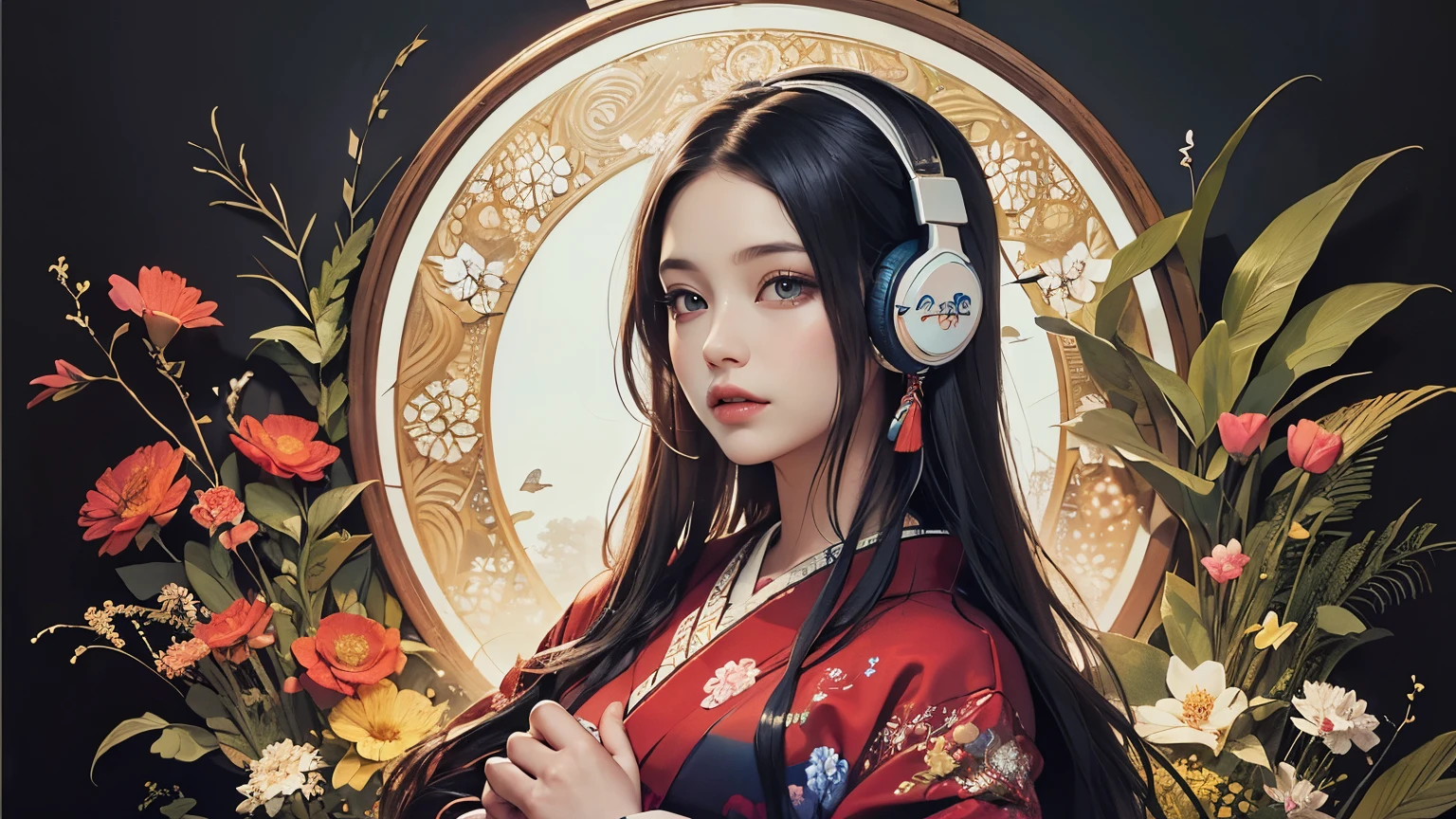 (masterpiece, highest quality, highest quality, Official Art, beautifully、aesthetic:1.2), (One girl),Fancy costumes(Gorgeous Japanese kimono((Detailed embroidery))), Very detailed, (Fractal Art), colorful, Most detailed, Mandala in the background, (headphones, wearing headphones)