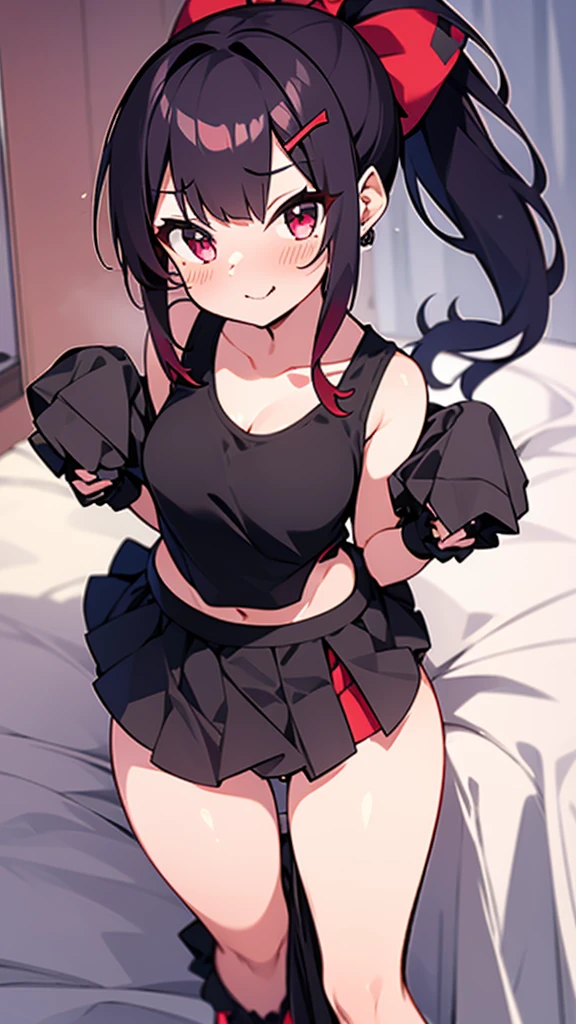 High tail hairstyle, two Ponytail hairstyle, Ponytail hairstyle, Long wavy black hair, standing posing, anime girl style, pixel art anime style,penetrating look with deep eyes,red and purple eyes, hair with a ponytail hairstyle trapped with a big red bun, women, red hair clips, x color shaped hair clips , smiling face blush, next to his bed, Skirt, tank top, Black hair, big thighs, NSFW, Skirt fluttering in the wind, perfect panty, from above, viento levantando su Skirt haciendo que se le vea el panty, hands in fist , Skirt fluttering in the wind, Skirt levantada,