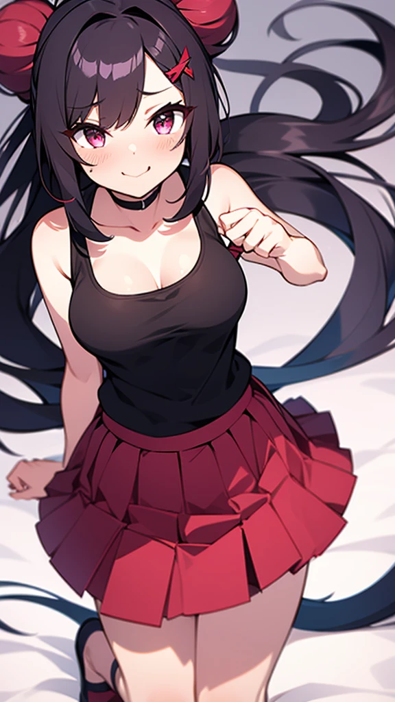 High tail hairstyle, two Ponytail hairstyle, Ponytail hairstyle, Long wavy black hair, standing posing, anime girl style, pixel art anime style,penetrating look with deep eyes,red and purple eyes, hair with a ponytail hairstyle trapped with a big red bun, women, red hair clips, x color shaped hair clips , smiling face blush, next to his bed, Skirt, tank top, Black hair, big thighs, NSFW, Skirt fluttering in the wind, perfect panty, from above, viento levantando su Skirt haciendo que se le vea el panty, hands in fist , Skirt fluttering in the wind, Skirt levantada, 
