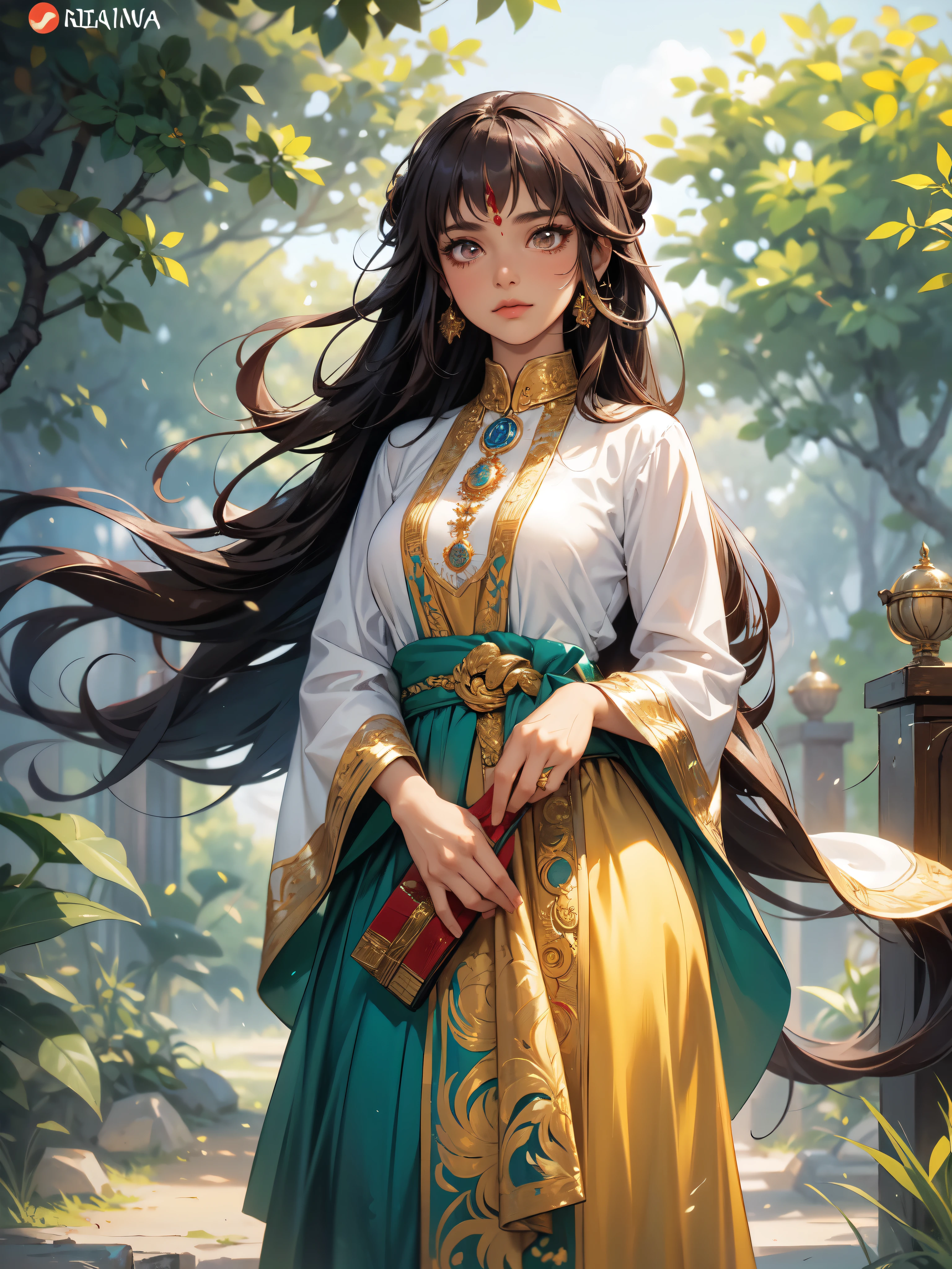 A powerful Hindu Sanatani woman, resplendent in traditional attire, stands majestically amongst the sacred Neem trees, surrounded by sacred religious scripts and ornate temple artifacts, giving off an air of serene resilience within the Anime & Comic Book style.