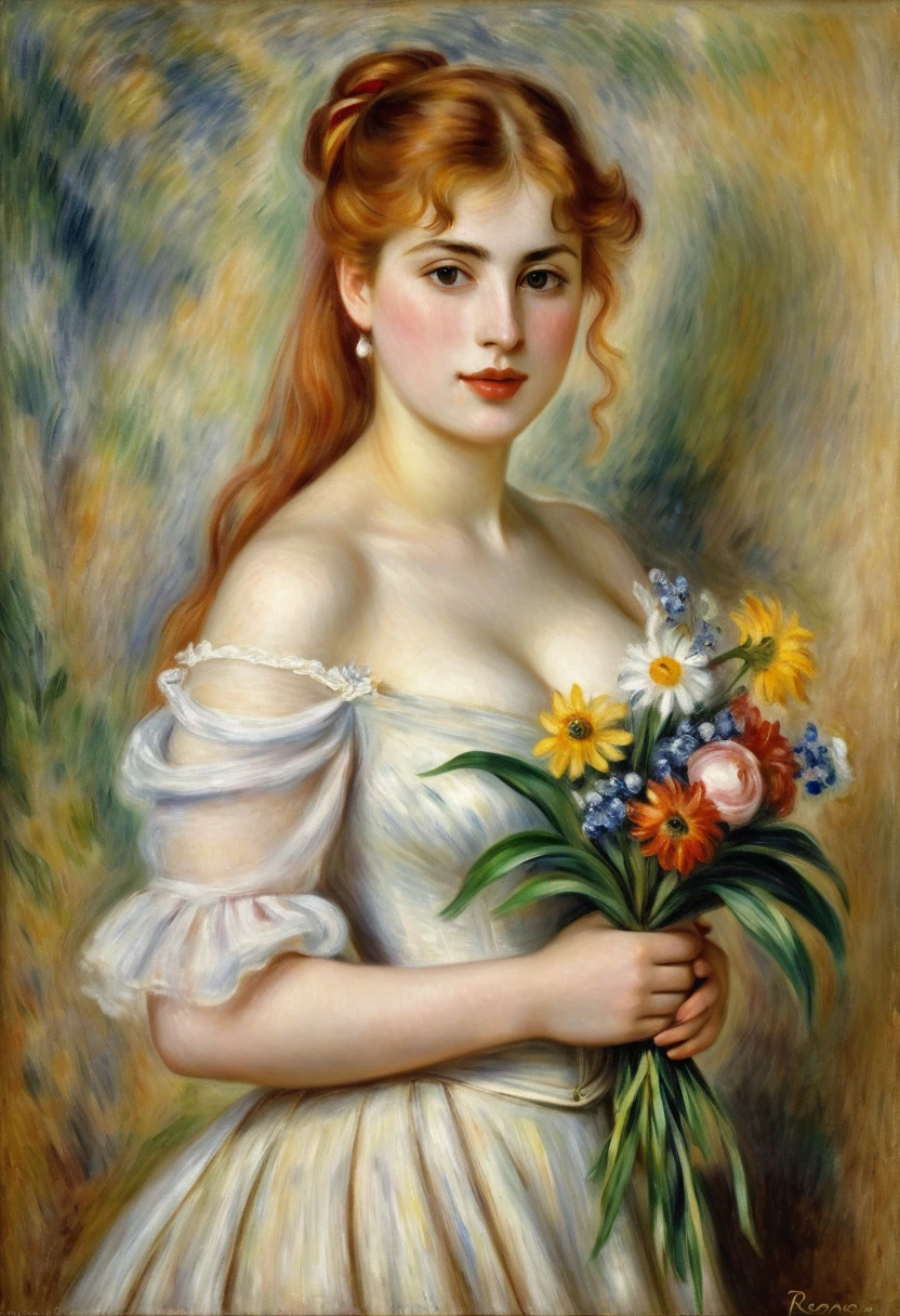 painting of a woman with a bouquet of flowers in her hand, blouse pulled down from her shoulders, bare shoulders, lush bust, author Renoir, Pierre-Auguste Renoir, Pierre-Roland Renoir, in Renoir painting style, inspired by Pierre-Roland Renoir, inspired by Pierre-Auguste Renoir, young woman in a dress, red-haired young woman, Pierre-Auguste Renoir