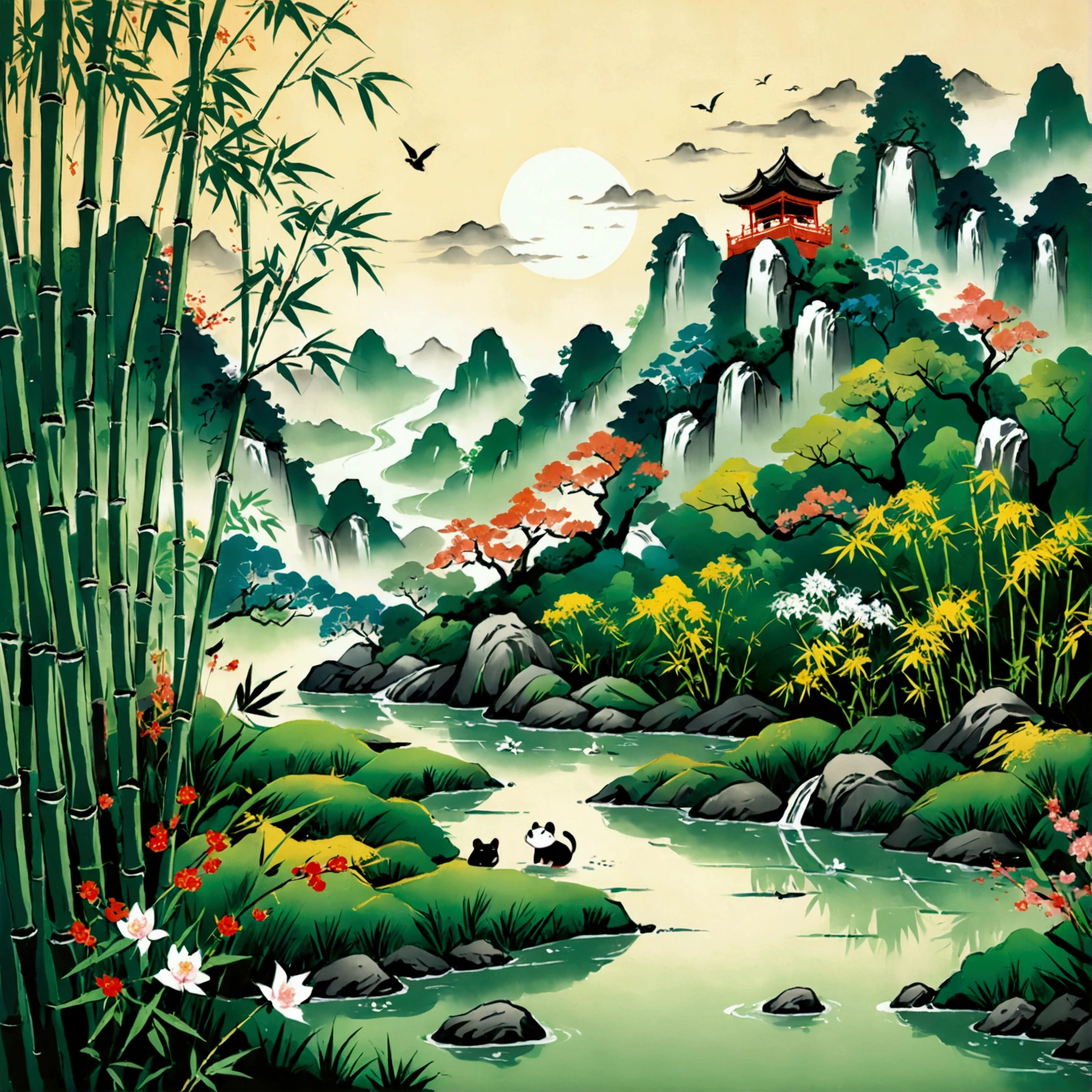 Traditional Chinese simple drawing style, Fong Zikai influence, vibrant nature, bamboo forest, flowers, grass, small animals, lively landscape, clear image, tranquil atmosphere, expressive lines, distinct layers of color, natural elements, left top blank space within 2/3 of paper, essence of Chinese culture, fine tones, high-quality masterpiece, artistic excellence.
