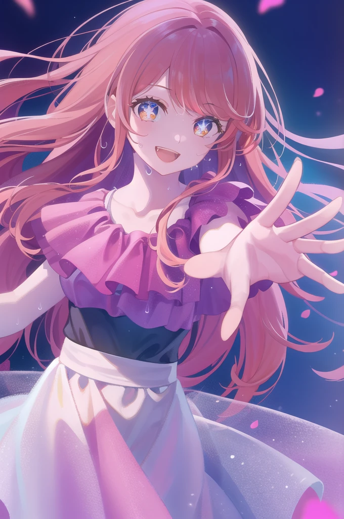((masterpiece, Highest quality))++, Detailed lighting+,  Detailed Hair+, Detailed hands+ ,1 girl, Escape, Long Hair,   Yellow Eyes,  Yellow Eye、Beautiful Eyes, (Beautiful pink hair:1.5),(Beautiful and delicate eyes),  High resolution+,glass tint, Reflective eyes,original, Very beautiful CG，sing、stage、Idol、smile、be happy、smile、Sweat、dance