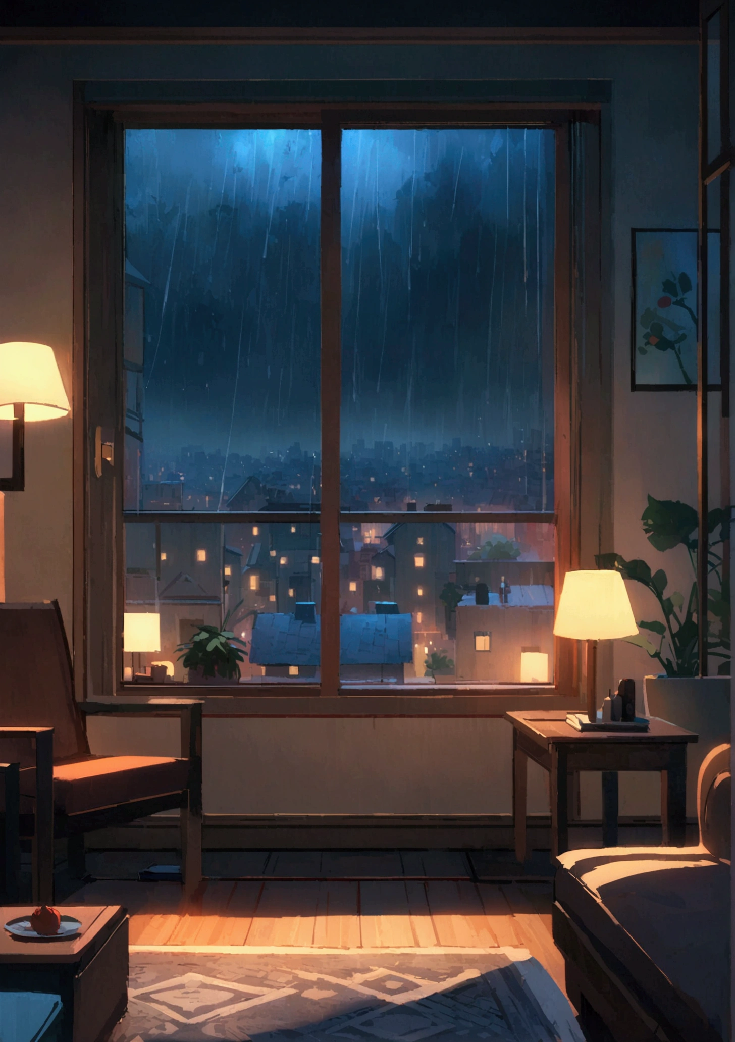Night view,Living room at home ,heavy rain outside the window,Xin Haichen,窓から見える大雨の中のNight view