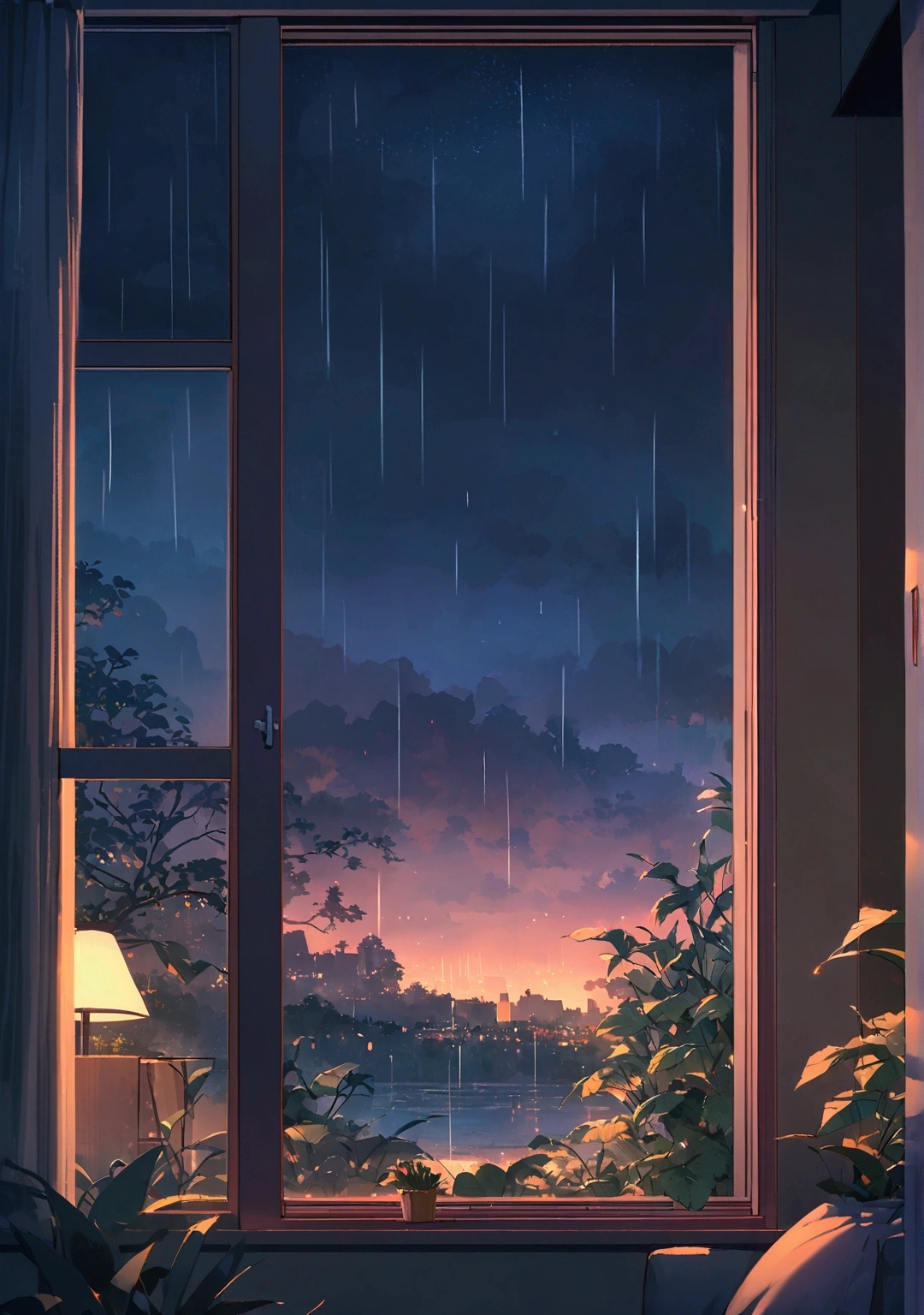Night view,Living room at home ,heavy rain outside the window,Xin Haichen,窓から見える大雨の中のNight view