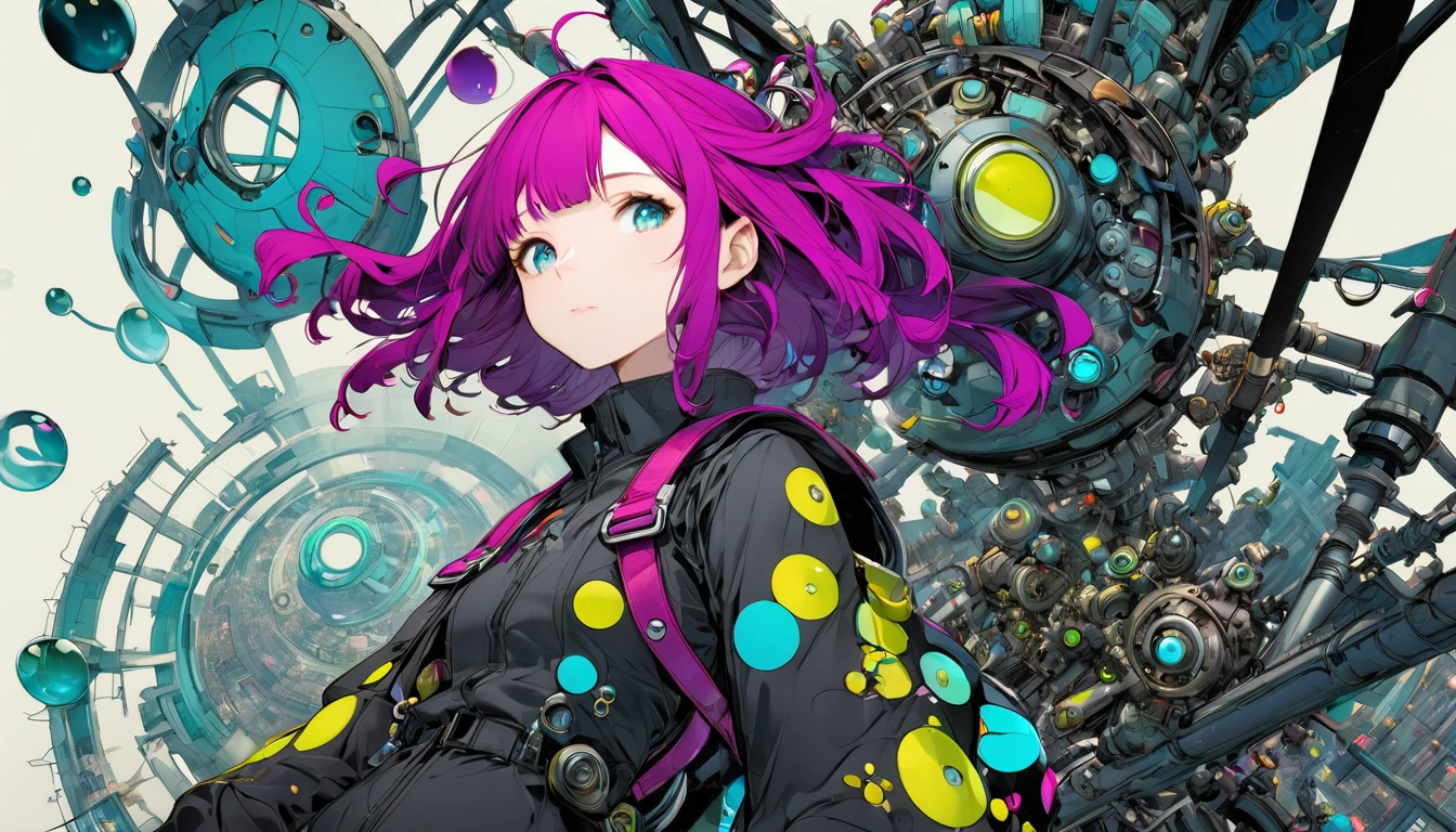 ((pay attention to the plan:1.5, General plan, all-body:1.5)), 1 beautiful girl in technical clothes, Mechanical spider, circles, fractals,,Travis Charest. colors, land, Cyan, yellow, Unripe. magenta, violet, Cyan, High definition, image hypersharpness,(best qualityer:1.3, 32 mil,High definition:1.3, 4x ,ultra sharp, high resolution, proffesional) ,cinematographic, Fisheye photography:1.6,