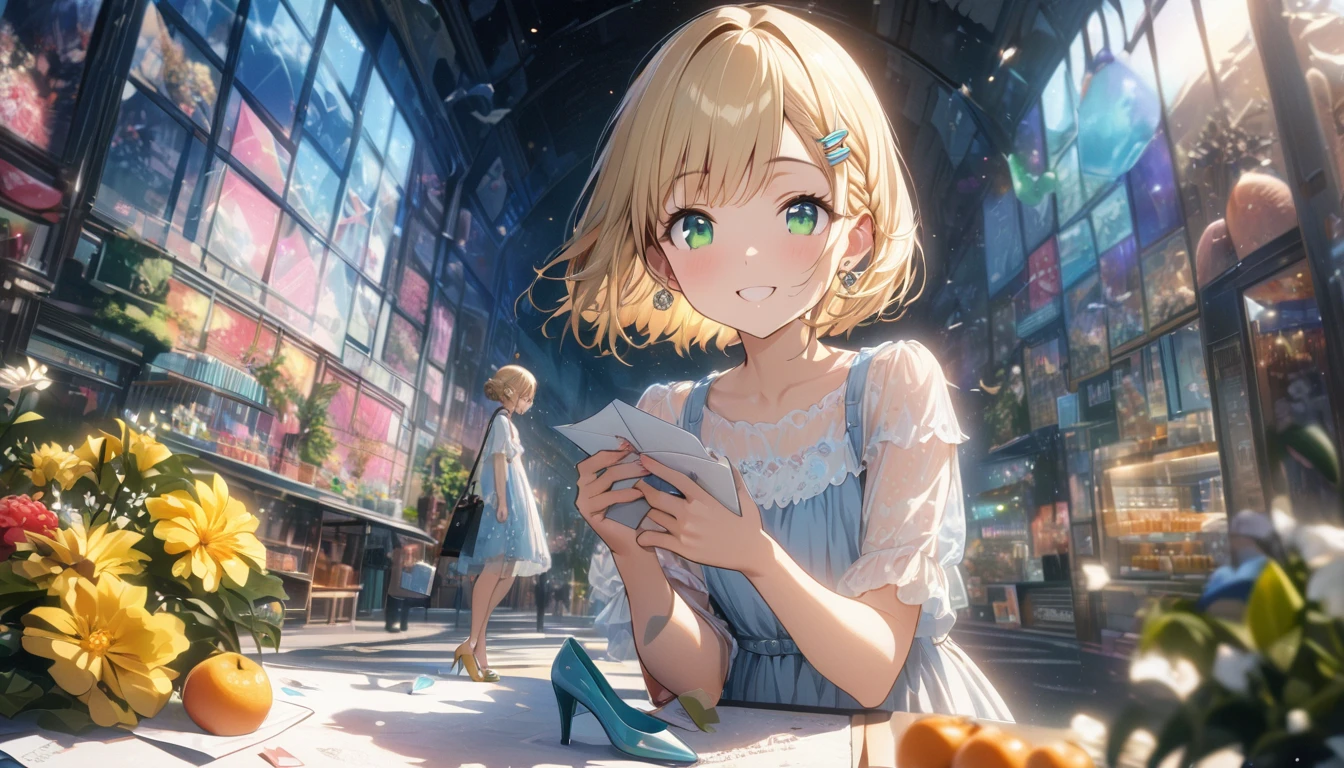 one girl, blonde short hair and bob hair、a braid, I tied my hair in a bun with a hair clip..、beautiful green eyes、smile、gentle smile on her face、flat chest, one Beautiful girl,((masterpiece, illustration, best quality) ((ultra-detailed)) ,sweet girl , 1 girl, flower, have, bob hair, blonde hair, bag, high heels, food, jewelry, earrings, looking at the viewer, smile, holding, short hair, inner color、alone, fruits, knee-length dress， handbag, green eyes, Colorful shoes, bird, yellow flower, envelope, english text, full body, white flower, shirt,shorts、See-through、Are standing, valentine color、colorful background、cloth shop、 , 濃い青とBeautiful Blueのグラデーション, High resolution, 8K HD detail, hyper-detail, cinematic, surrealism, soft light, deep field focus bokeh, ray tracing and surrealism. --v6