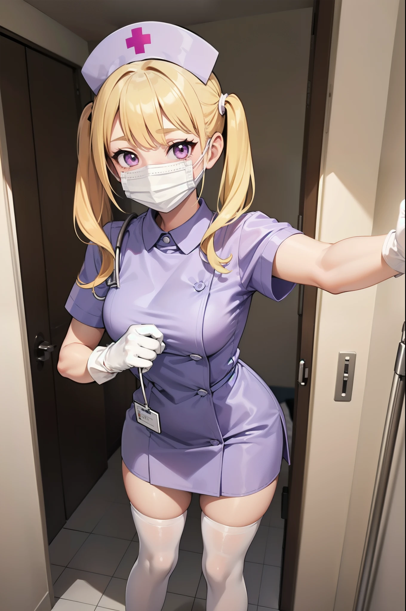 1girl, solo, nurse, nurse cap, white wear, ((white legwear, zettai ryouiki)), white gloves, twintails, yellow hair, purple eyes, ((white surgical mask, covered nose)), standing, ((hospital room)), sharp outline, short sleeves, best quality, masterpiece