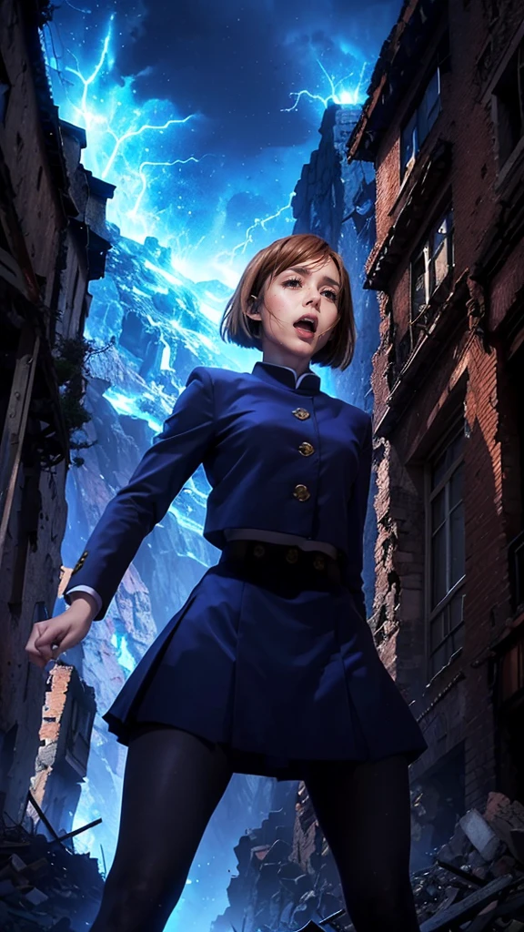 (Giantess element, high resolution, high quality, accurate body structure, detailed body),
BREAK,
Navy blue navy uniform, girl, skirt, looking up at approaching woman from below, cute, (Girl destroying town with magic: 1.2), mischievous expression, white skin, smiling, walking, anatomically correct, accurate human body, accurate skeleton, shock wave from girl's hand, magic shock wave,
BREAK,
Rubbish, destroyed buildings, collapsed highway, burning town, rubble scattered at feet, lightning-like aura, in ruined city,