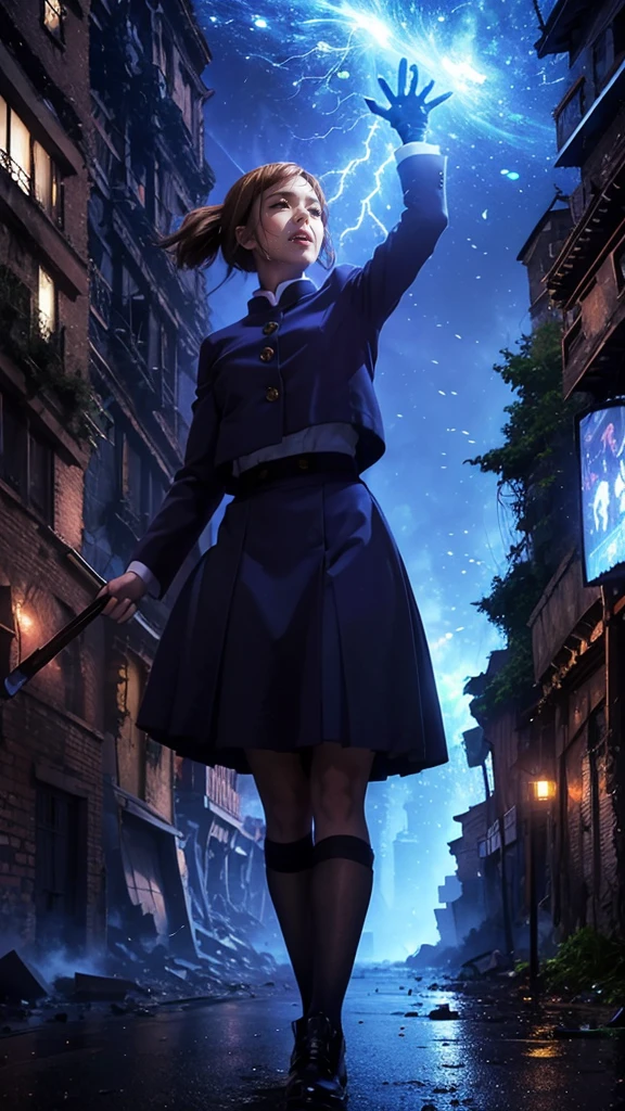 (Giantess element, high resolution, high quality, accurate body structure, detailed body),
BREAK,
Navy blue navy uniform, girl, skirt, looking up at approaching woman from below, cute, (Girl destroying town with magic: 1.2), mischievous expression, white skin, smiling, walking, anatomically correct, accurate human body, accurate skeleton, shock wave from girl's hand, magic shock wave,
BREAK,
Rubbish, destroyed buildings, collapsed highway, burning town, rubble scattered at feet, lightning-like aura, in ruined city,