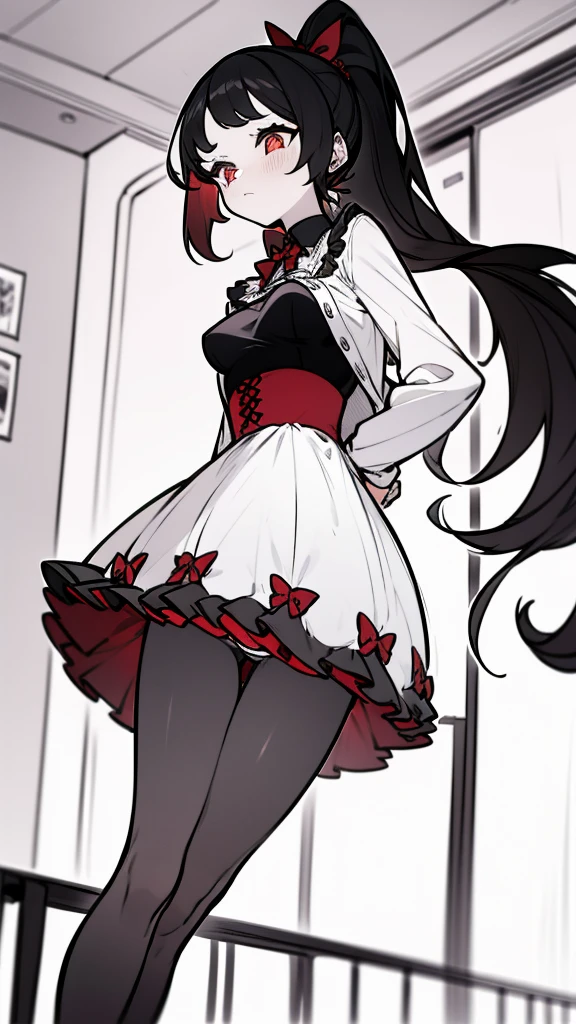 using pantimedies, wavy black hair, piercing look with deep red eyes, average stature, Silky hair with a ponytail hairstyle collected with a red bow with two white lines, with clothes, has a vagina, has breasts, cup of breasts, small breasts, slim, foreground, Session, sitting in her room, standing in his room, wearing pantyhose, using pantimedies, Picardias, short skirt, shoes, blouse with straps, blush, opening her legs making her panties visible, open legs, perfect white panty, Skirt fluttering in the wind, grabbing the skirt with both hands, from below, chubby thighs