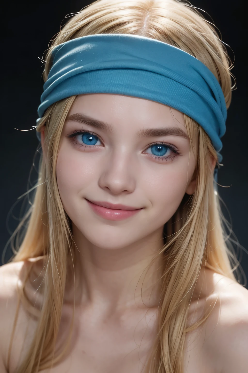 high resolution, chest, smile, blue eyes, golden hair, headband, 