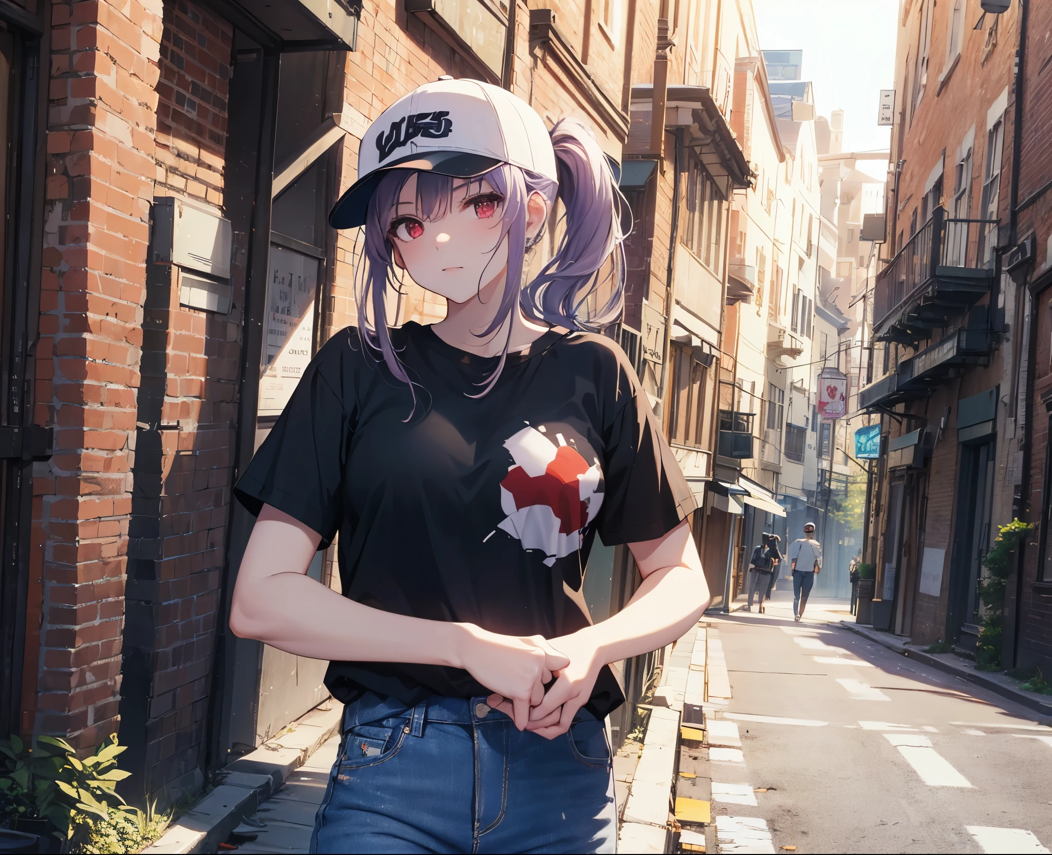 (Close-up:1.3),Realistic,Highest quality, Super detailed, High-quality CG rendering, The most delicate and beautiful, Floating softly, High resolution, (1 girl), (Highest quality,4K,8k,masterpiece:1.2), Light purple hair,(Very long ponytail:1.5),Red eyes,(Pure white oversized short sleeve T-shirt:1.3),(Black skinny jeans:1.3),(Pure white baseball cap:1.3),In the city,old buildings,Narrow back alley