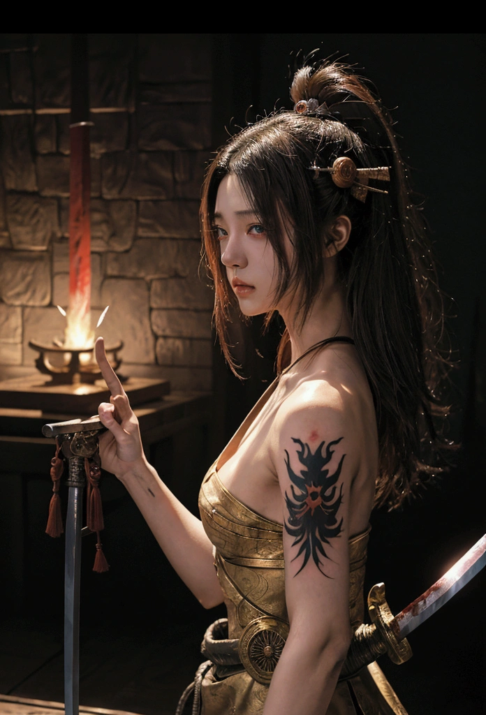 (Japanese sword &reference;Muramasa 2&reference;.2)Beautiful 27 year old woman、Japanese women、Tie your hair back、Hair ornament artist、Warrior、Clear Eyes、{Arm tattoo(SakuraFubuki}’Warrior、(Japanese swordを両手で構える、1.3)(Japanese sword1.2)Intermediate position、whole body、A single long-bladed sword、Realistic battle scenes、敵Warriorの返りBlood、Blood、High resolution、Highest quality、Very detailed、8k、background、The castle is burning、Sparks fly、