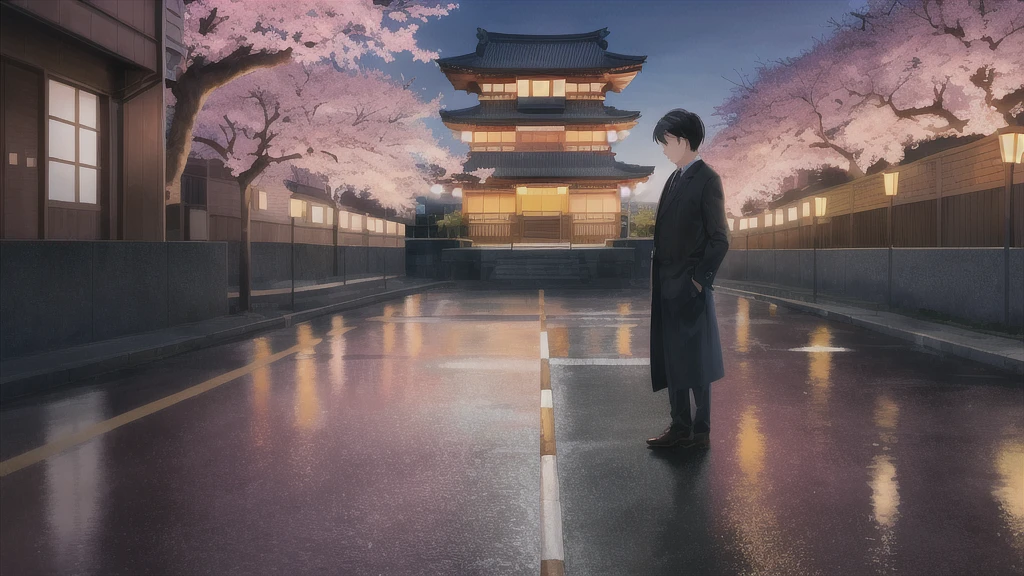 Create an image that captures the serene and melancholic atmosphere of a Tokyo twilight. The scene should depict a quiet street in Tokyo, with dimming city lights and a hint of dawn breaking in the sky. Two silhouettes walk together down the path, evoking a sense of nostalgia and deep emotional connection. The background should include subtle details of Tokyo’s cityscape, such as iconic buildings and cherry blossoms gently falling. The overall color palette should blend soft pastels with deeper, twilight hues to convey the mix of tranquility and lingering emotions