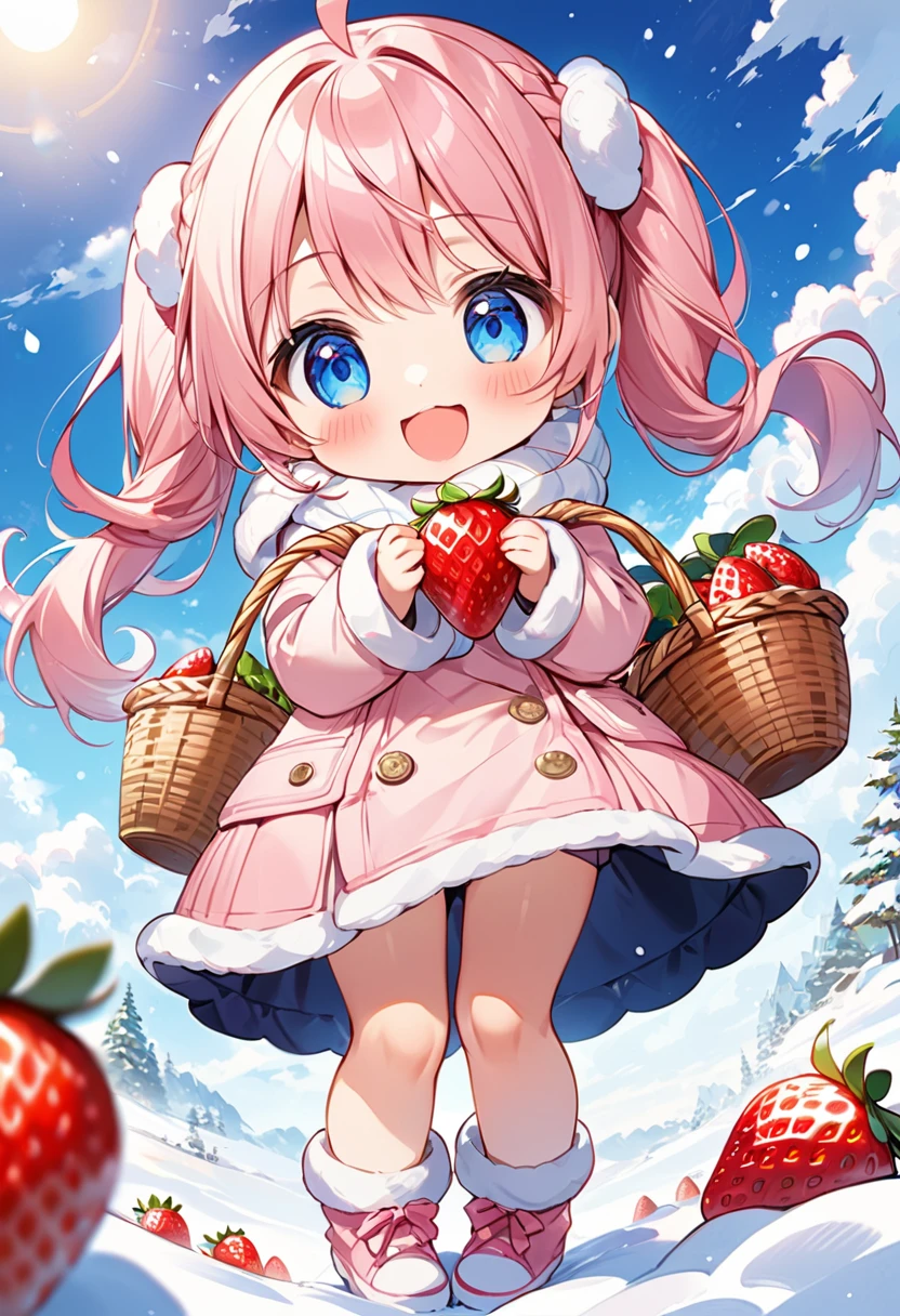 Highest quality、High resolution、Detailed Background、Beautiful face in every detail、Anatomically correct、Detailed facial expressions、fine grain、((full body, from below:1.8, front shot)), break　((One Girl:1.2)、(Chibi Girl:1.2))、Cute hair color、Big beautiful blue eyes、Fuller lips、Pink Lips、Braided twin tails、Ahoge、(Picking strawberries:1.2)、(Cute Winter Clothes、Cute long scarf、Long skirt、Cute sneakers)、break　((Place your hands in front of your chest:1.2))、((Holding a basket full of strawberries:1.2))、(Happy expression:1.2、Big smile:1.2)、Sweat、break　(The background is the winter sky、Winter clouds、Flower storm、Leaping Frog)
