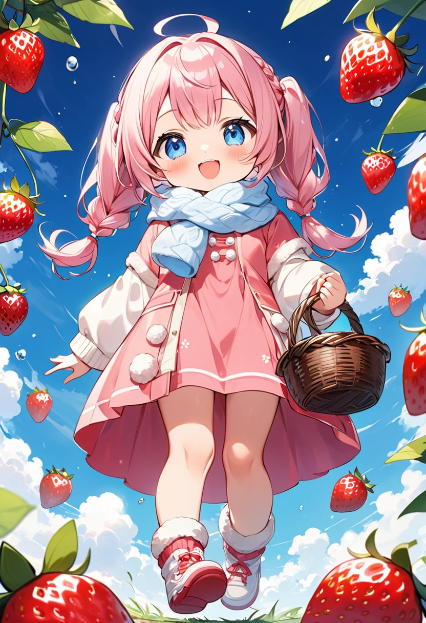 Highest quality、High resolution、Detailed Background、Beautiful face in every detail、Anatomically correct、Detailed facial expressions、fine grain、((full body, from below:1.8, front shot)), break　((One Girl:1.2)、(Chibi Girl:1.2))、Cute hair color、Big beautiful blue eyes、Fuller lips、Pink Lips、Braided twin tails、Ahoge、(Picking strawberries:1.2)、(Cute Winter Clothes、Cute long scarf、Long skirt、Cute sneakers)、break　((Place your hands in front of your chest:1.2))、((Holding a basket full of strawberries:1.2))、(Happy expression:1.2、Big smile:1.2)、Sweat、break　(The background is the winter sky、Winter clouds、Flower storm、Leaping Frog)