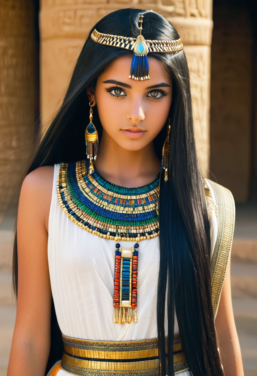 I want you to create a delicate and beautiful character.  She is a 18-year-old young woman with characteristics typical of Cleopatra.   Her long, straight black hair frames a face with the tanned skin common among her people.  Her hazel eyes contrast with her skin color, creating a piercing and expressive look.   She wears traditional clothing from Egypt