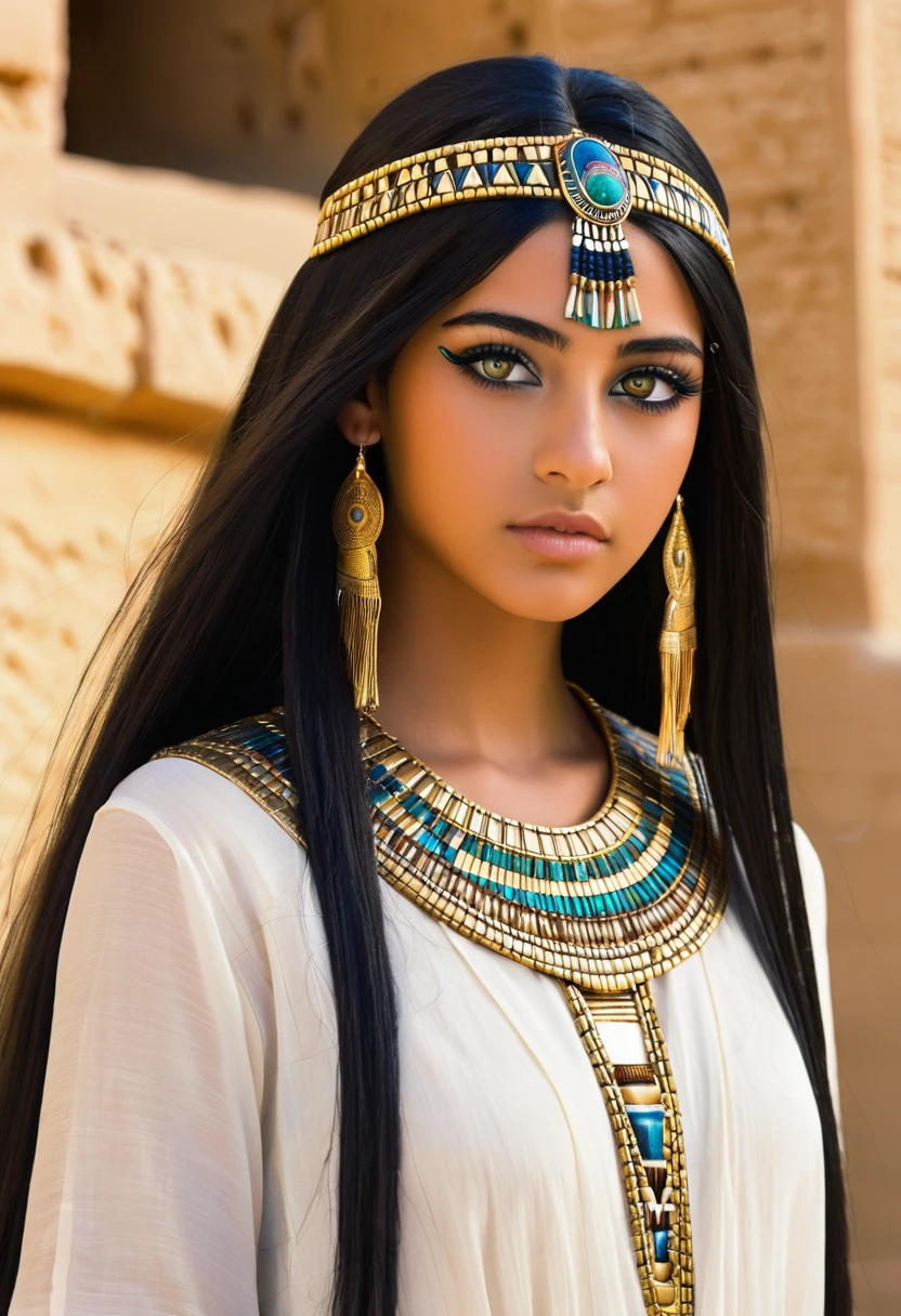I want you to create a delicate and beautiful character. She is a 18-year-old young woman with characteristics typical of Cleopatra. Her long, straight black hair frames a face with the tanned skin common among her people. Her hazel eyes contrast with her skin color, creating a piercing and expressive look. She wears traditional clothing from Egypt