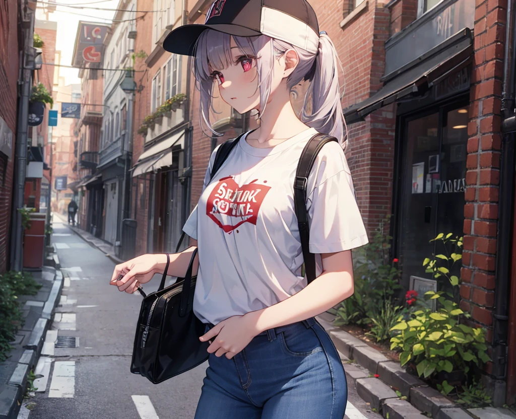 (Close-up:1.3),Realistic,Highest quality, Super detailed, High-quality CG rendering, The most delicate and beautiful, Floating softly, High resolution, (1 girl), (Highest quality,4K,8k,masterpiece:1.2), Light purple hair,(Very long ponytail:1.5),Red eyes,(Pure white oversized short sleeve T-shirt:1.3),(Black skinny jeans:1.3),(Pure white baseball cap:1.3),In the city,old buildings,Narrow back alley