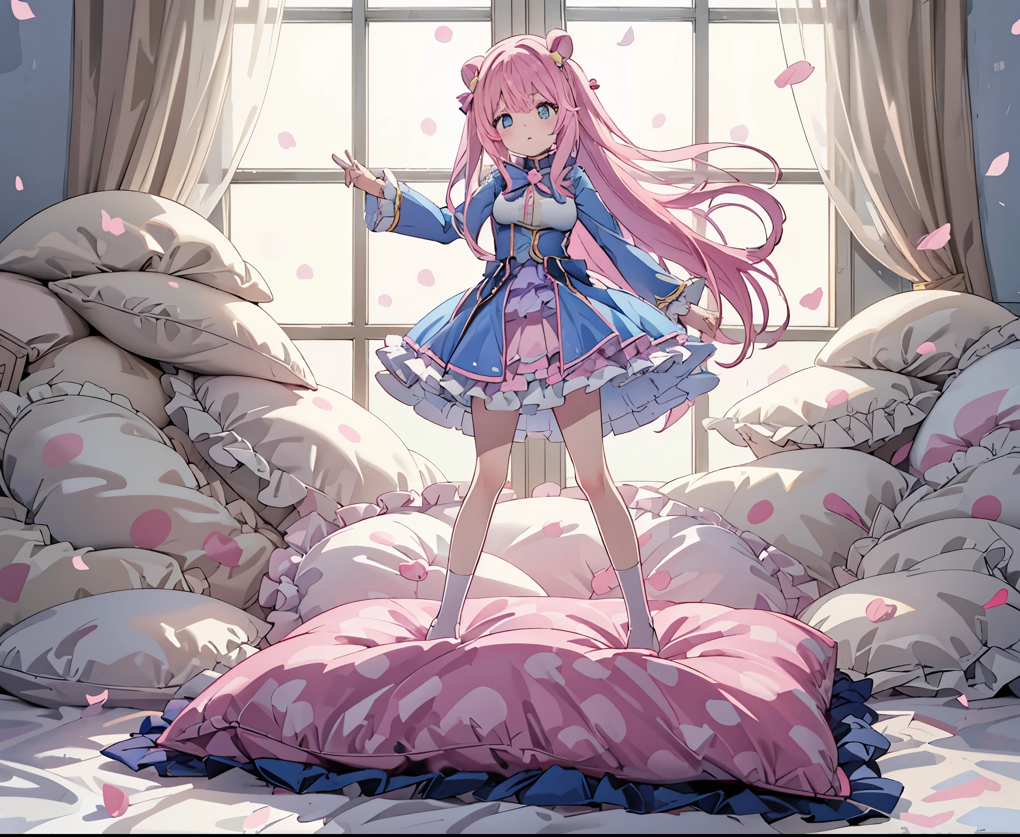 （best quality， masterpiece），full body, 1 girl, solo, mine ,nsfw, details, (Light and shadow oxtail , Cute girl posing on pillow ，standing on pillow，，（pillow), large pillow, (((colorful))), color correction, pink hair, frilled pillow,pink pillow, (((pink polkadot pillow))), (((blue uniform))), (((white skirt))), stocking, brown shoes, hugging pillow, 1 pillow