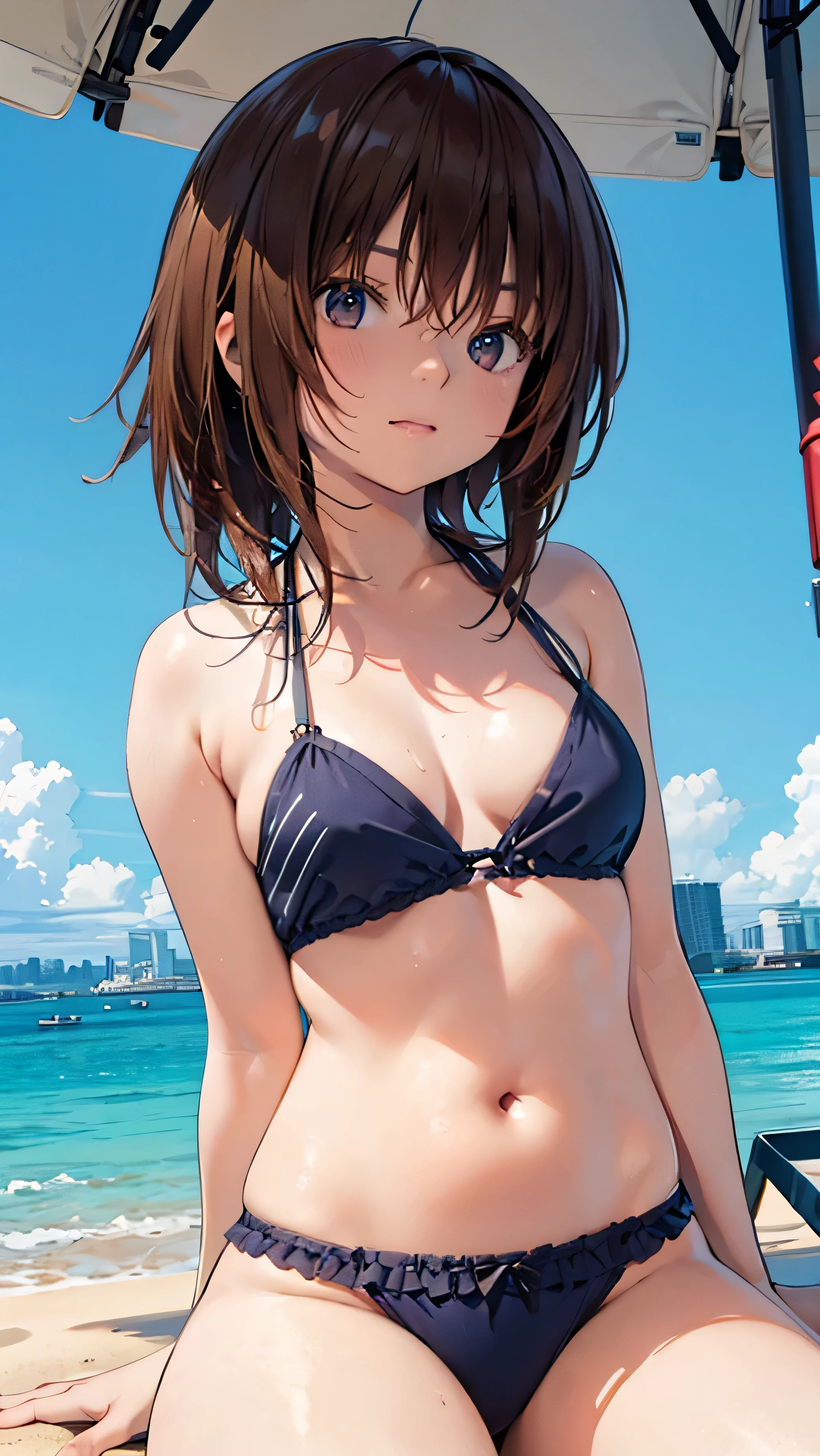 Official Art, wallpaper, Very detailed, (((Very detailedな目と顔))), Realistic portraits, (Highest quality, masterpiece, High resolution), (High resolutionスキン: 1.2), 8K  UHD, Backlight, Background Blur, smile, One woman, Woman in bikini sitting on sandy beach, Strong sunlight, A beach with a glittering blue water surface, In the distance, the European cityscape looks small and hazy., sunny, Summer sunshine, Wet Skin