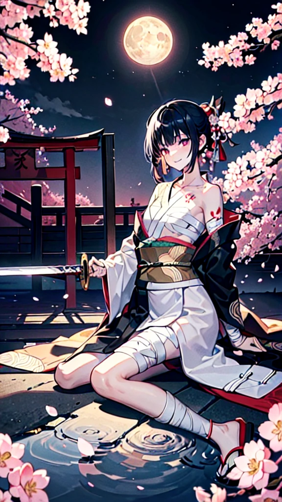 (((((roll up bandage sideways on a chest tightly to cover the chest without gaps))))), (((bandage samweways))), the bantage is no chest shape, flat chest, ((Japanese Gangster BOSS)), adult woman with the dignified presence, Killing Qi, wear nothing around shoulder, wear nothing around neck, wear the kimono, wear it below the waist, (I wind it up to control it, and to attach it), ((kimono come off)) ,wear the kimono multiple times, Bare shoulders and the clavicle, black and gold kimono, put on over jacket of kimono, (holding a japanese sword which shine in purple, The handole of the sword is black, and the blade is gray, long sword), eye fire, low angle, whole body, bandage is seen, anime character, Glaring, off sholder, nappropriate smile, Excellent, black blue hair, can see both shoulder, ((long kimono hem)), small face, ((some cherry blossam big tattoo on the arm)),((Sit with your legs folded)), ((background Japanese gate with circlr mark)),muscular,drink sake,fullmoon in the sky, The kimono is spreading,(((ultra-detailed))),super beautiful,Masterpiece,Killing Qi,Intimidation,zoom up