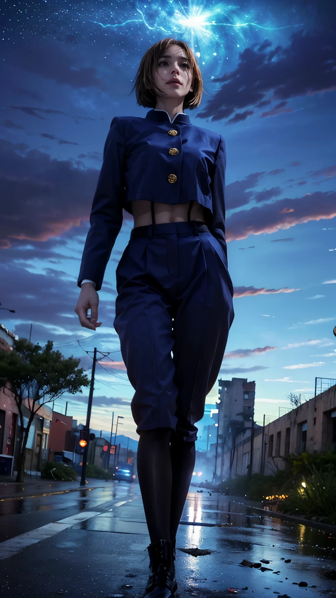 (Giantess element, high resolution, high quality, accurate body structure, detailed body),
BREAK,
Sexy, uniform, girl, looking up at approaching woman from below, cute, (Girl destroying town with magic: 1.2), mischievous expression, white skin, smiling, walking, anatomically correct, accurate human body, accurate skeleton, shock wave from girl's hand, magic shock wave,
BREAK,
Rubbish, destroyed building, collapsed highway, burning town, rubble scattered at feet, lightning-like aura, in ruined city,