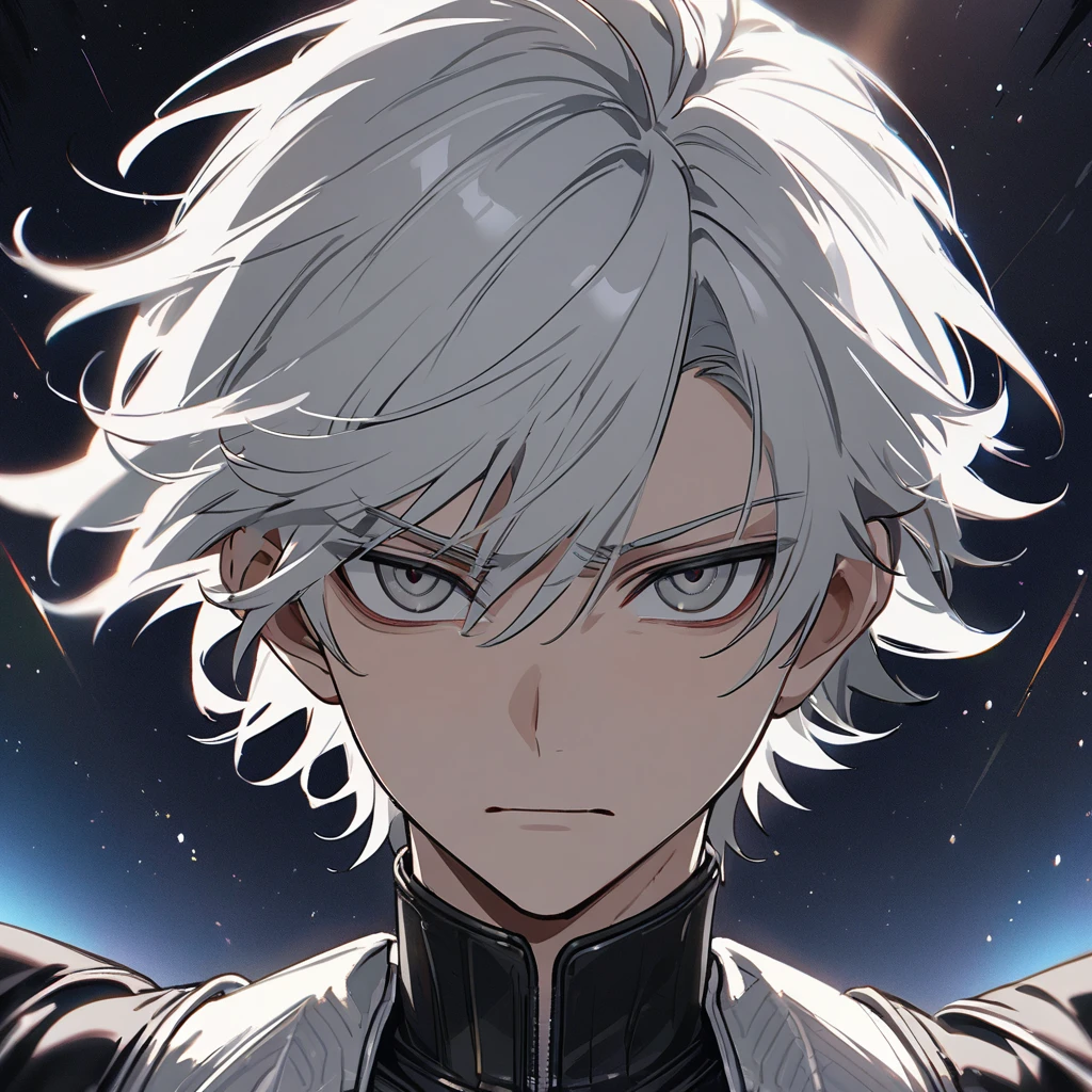 High quality, HD, 4k, no shadows, handsome male, 1male, , teenager, shwhite hair, silver hair, white hair, sharp eyes, dark grey colored eyes, deep grey eyes, grey eyes, devil may cry, close up, calm expression, stoic expression, black leather clothes, white leather clothing, lean body, well trained body, upper body, looking at viewer, cowboy shot, white solar, space background