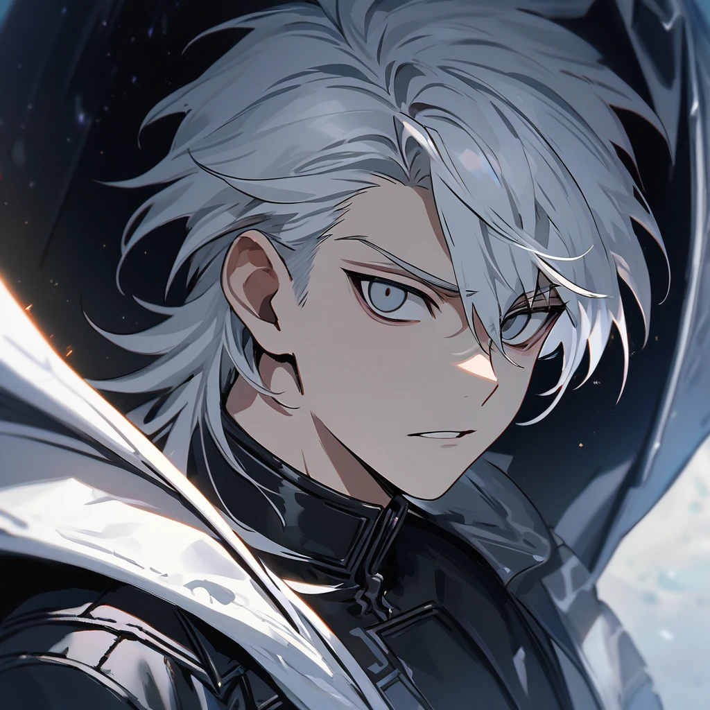 High quality, HD, 4k, no shadows, handsome male, 1male, 17 years old, teenager, short white hair, silver hair, white hair, sharp eyes, dark grey colored eyes, deep grey eyes, grey eyes, devil may cry, close up, calm expression, stoic expression, black leather clothes, white leather clothing, lean body, well trained body, upper body, looking at viewer, cowboy shot, white solar, space background