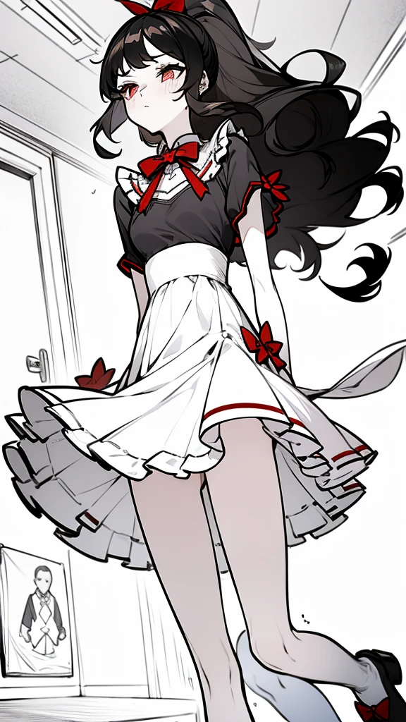 using pantimedies, wavy black hair, piercing look with deep red eyes, average stature, Silky hair with a ponytail hairstyle collected with a red bow with two white lines, with clothes, has a vagina, has breasts, cup of breasts, small breasts, slim, foreground, Session, sitting in her room, standing in his room, wearing pantyhose, using pantimedies, Picardias, short skirt, shoes, blouse with straps, blush, opening her legs making her panties visible, open legs, perfect white panty, Skirt fluttering in the wind, grabbing the skirt with both hands, from below, chubby thighs
