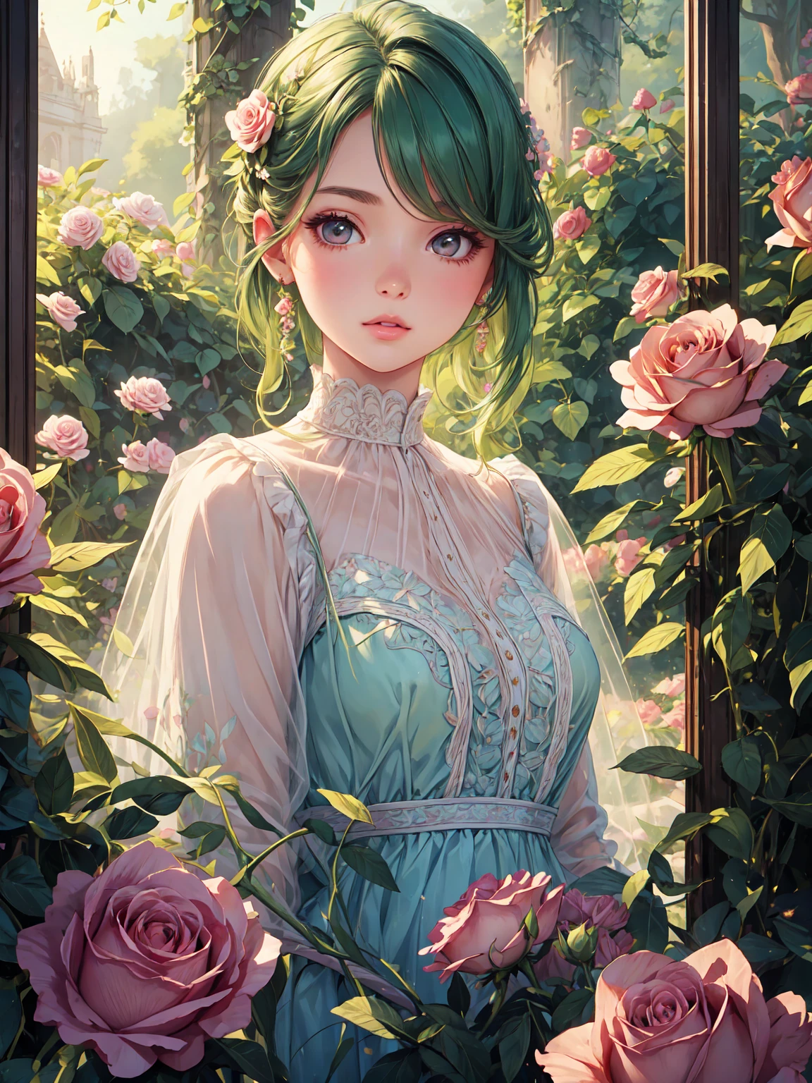 a young girl in a rose garden, elegant atmosphere, extremely detailed face and eyes, beautiful detailed lips, long eyelashes, 1 girl, detailed intricate flowers, lush green foliage, natural lighting, cinematic composition, delicate pastel colors, soft focus, high quality, masterpiece, digital art, photorealistic