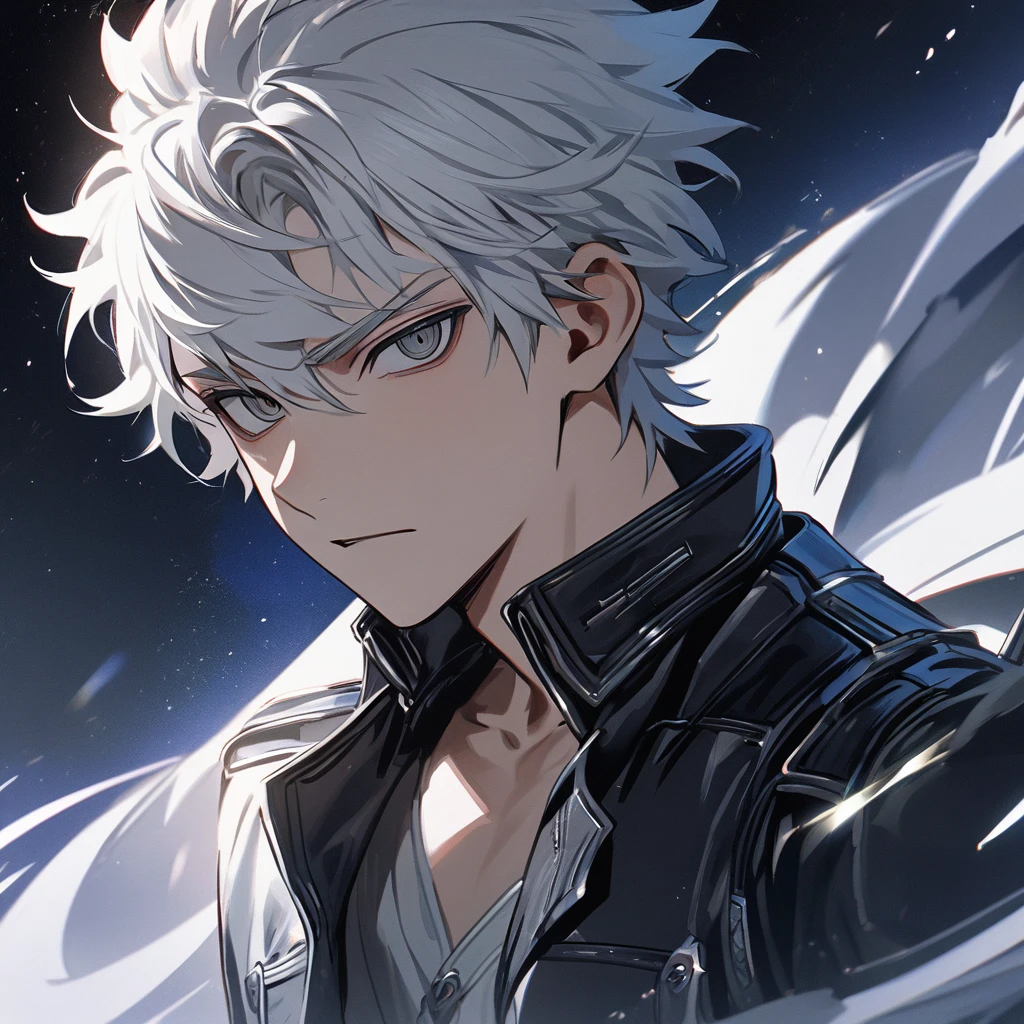 High quality, HD, 4k, no shadows, handsome male, 1male, 17 years old, teenager, short white hair, silver hair, white hair, sharp eyes, dark grey colored eyes, deep grey eyes, grey eyes, devil may cry, close up, calm expression, stoic expression, black leather clothes, white leather clothing, lean body, well trained body, upper body, looking at viewer, cowboy shot, white solar, space background