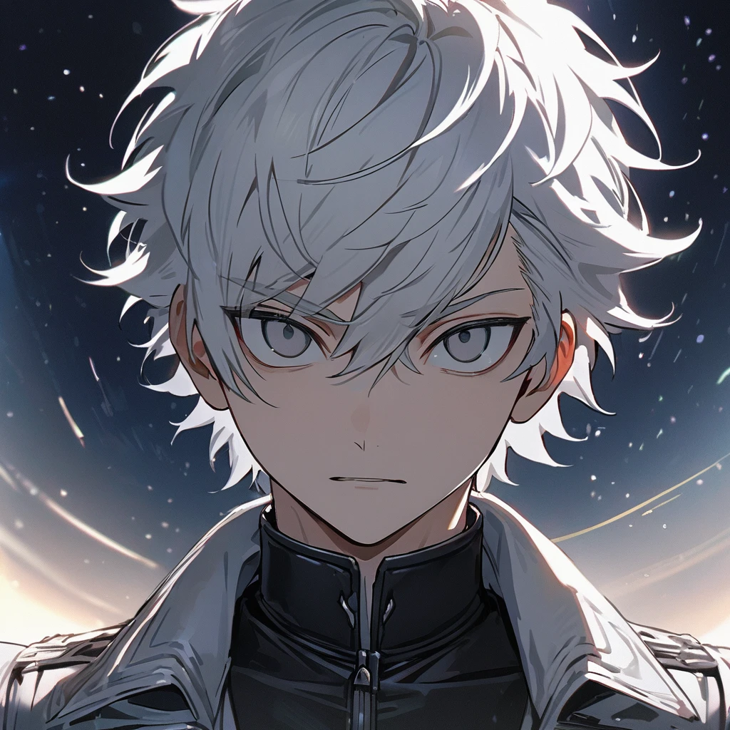 High quality, HD, 4k, no shadows, handsome male, 1male, 17 years old, teenager, short white hair, silver hair, white hair, sharp eyes, dark grey colored eyes, deep grey eyes, grey eyes, devil may cry, close up, calm expression, stoic expression, black leather clothes, white leather clothing, lean body, well trained body, upper body, looking at viewer, cowboy shot, white solar, space background