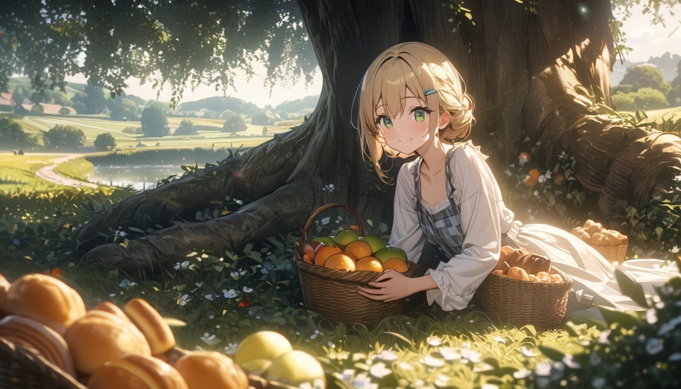 one girl, blonde short hair and bob hair、a braid, I tied my hair in a bun with a hair clip..、beautiful green eyes、smile、gentle smile on her face、flat chest, one Beautiful girl,((masterpiece, illustration, best quality) ((ultra-detailed)) ,sitting on a checkered picnic blanket under a large willow tree, a basket of fruits and pastries. English countryside, lush greenery, soft light, romantic, cinematic composition, 濃い青とBeautiful Blueのグラデーション, High resolution, 8K HD detail, hyper-detail, cinematic, surrealism, soft light, deep field focus bokeh, ray tracing and surrealism. --v6